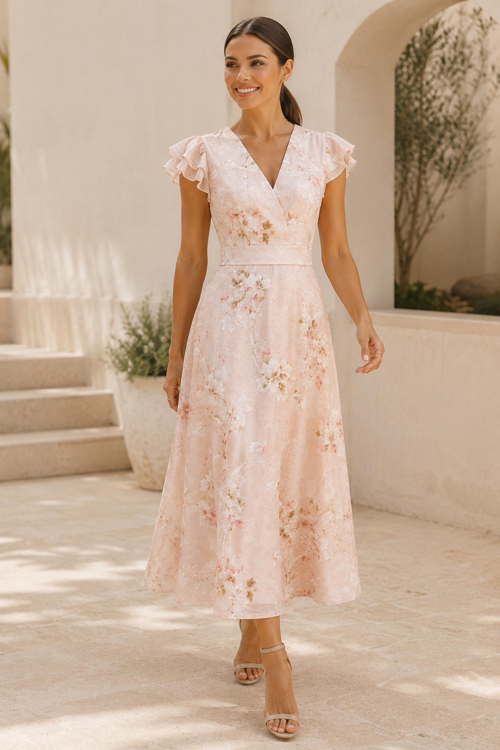 Vestido midi floral con cuello de pico y mangas con volantes