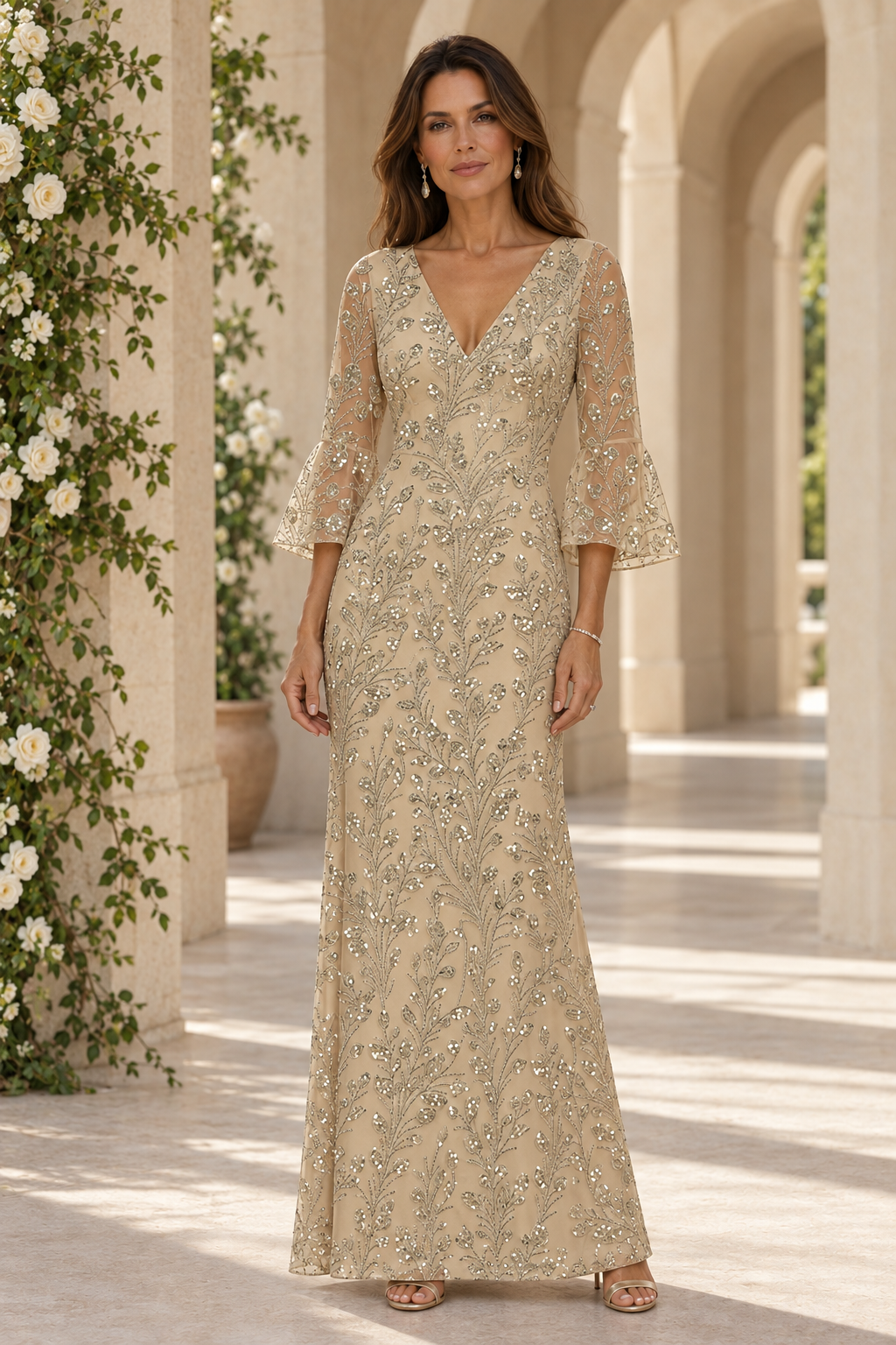 Vestido largo de lentejuelas con cuello en V y mangas acampanadas