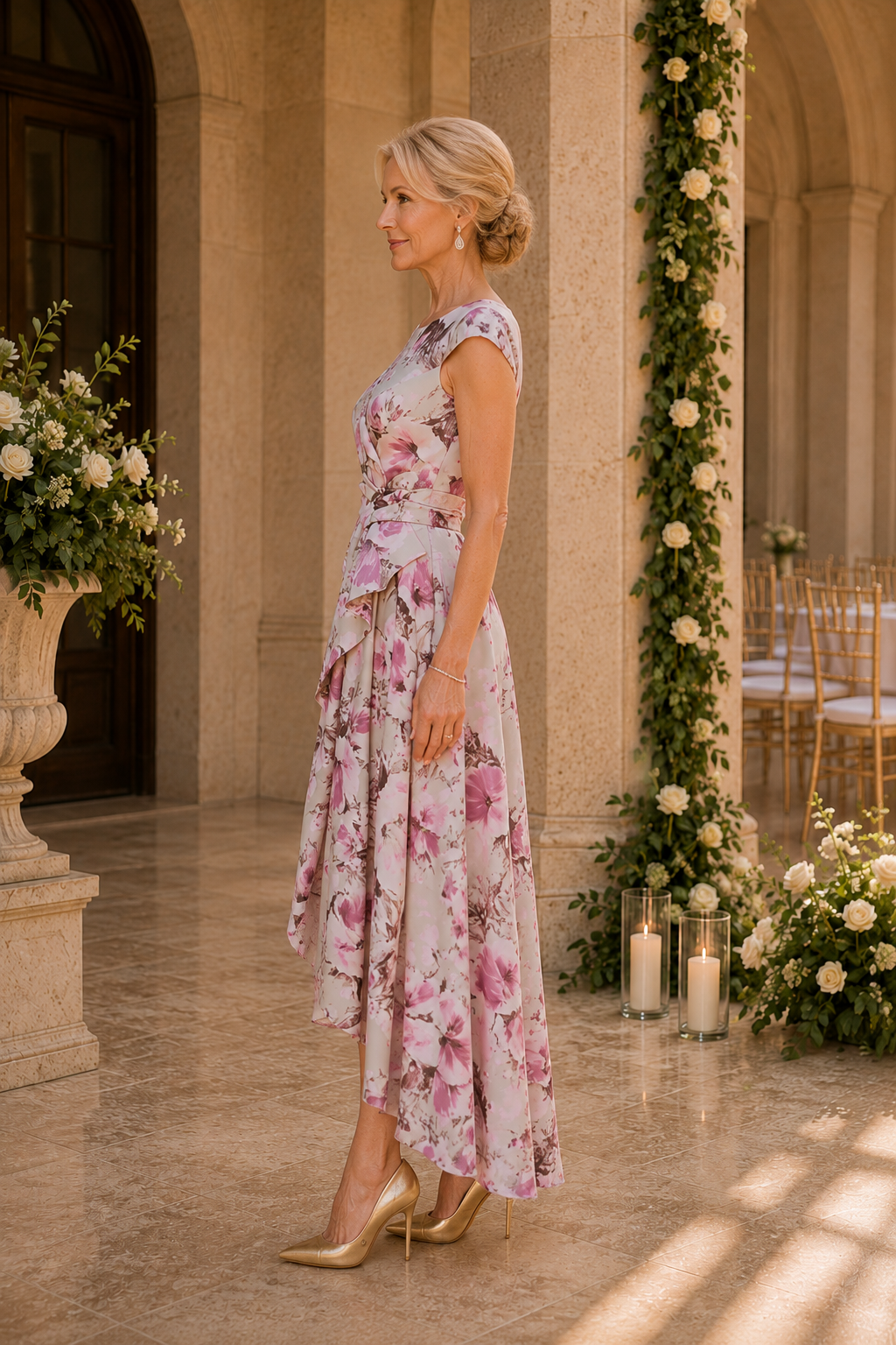 Vestido floral de corte A asimétrico con mangas casquillo