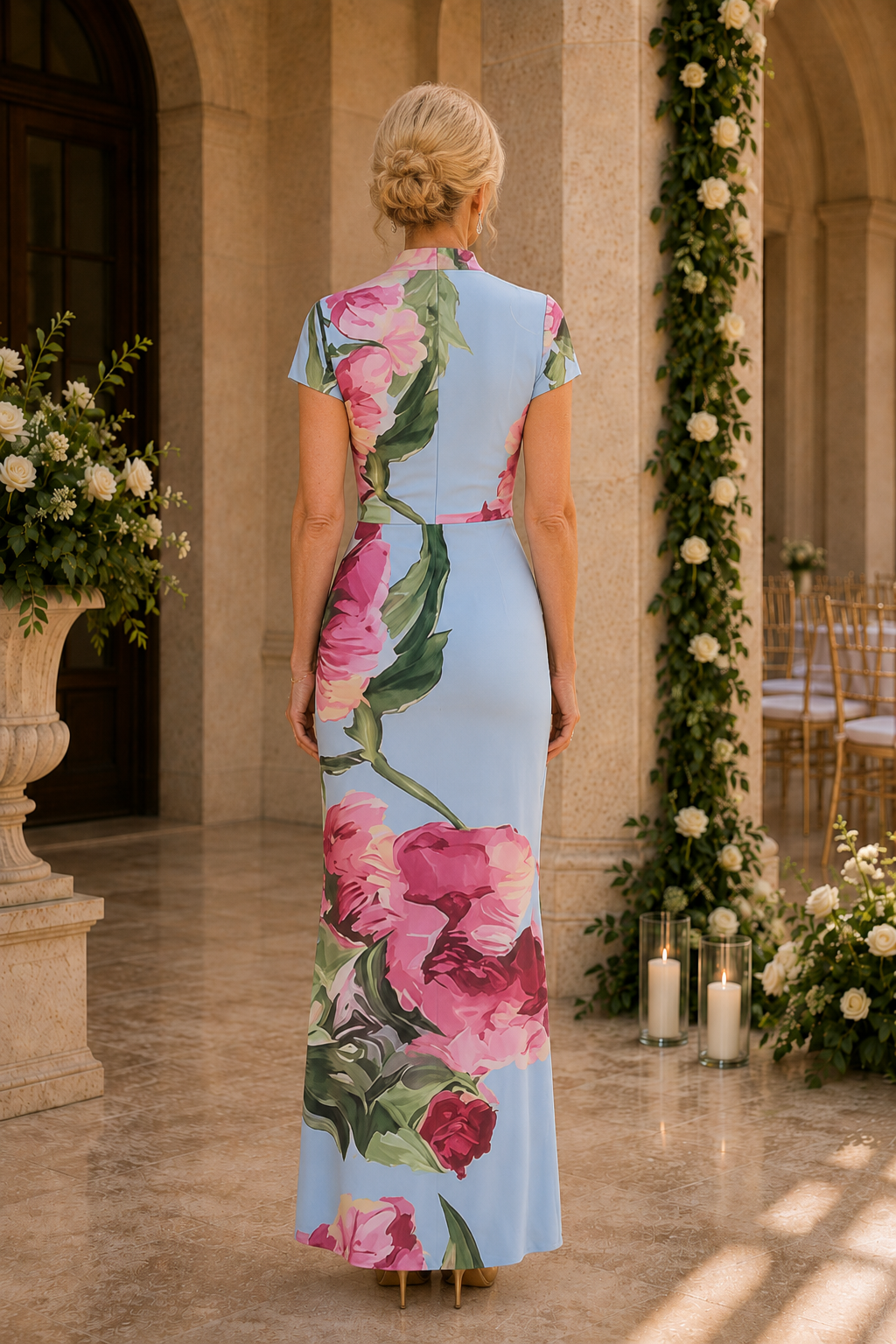 Vestido maxi recto de manga corta con estampado floral