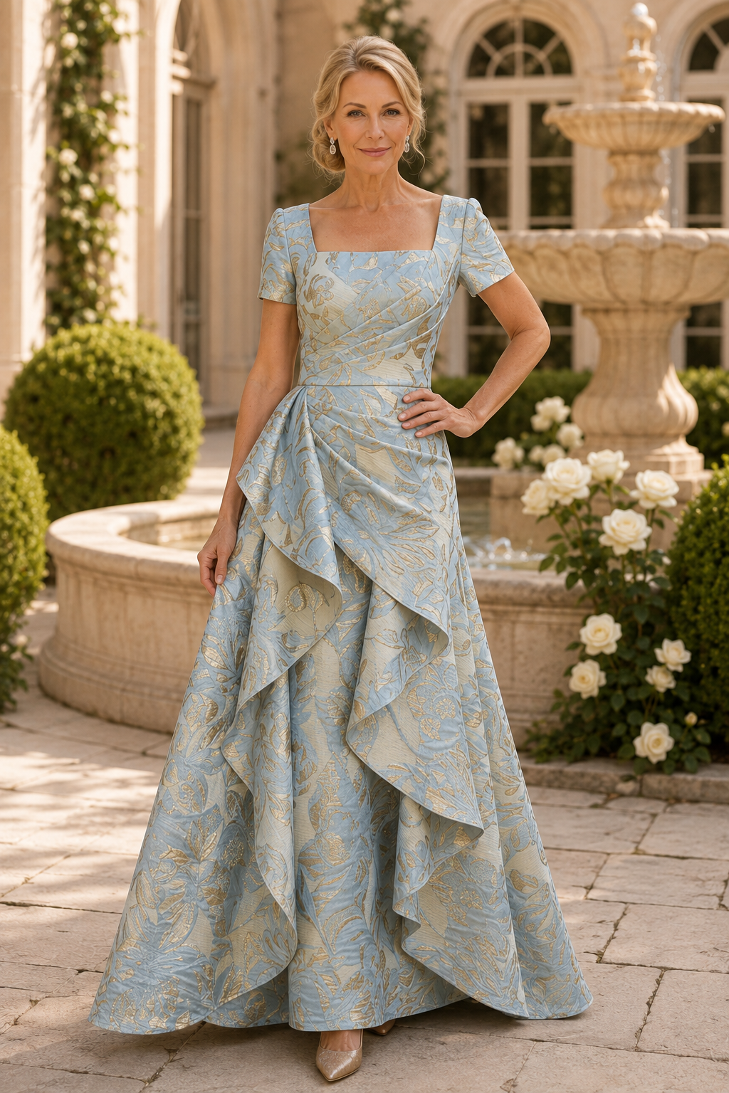 Vestido de jacquard con volantes en cascada, manga corta y corte en A