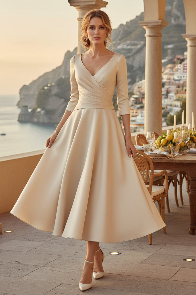 Elegante vestido de corte A hasta la rodilla con mangas 3/4