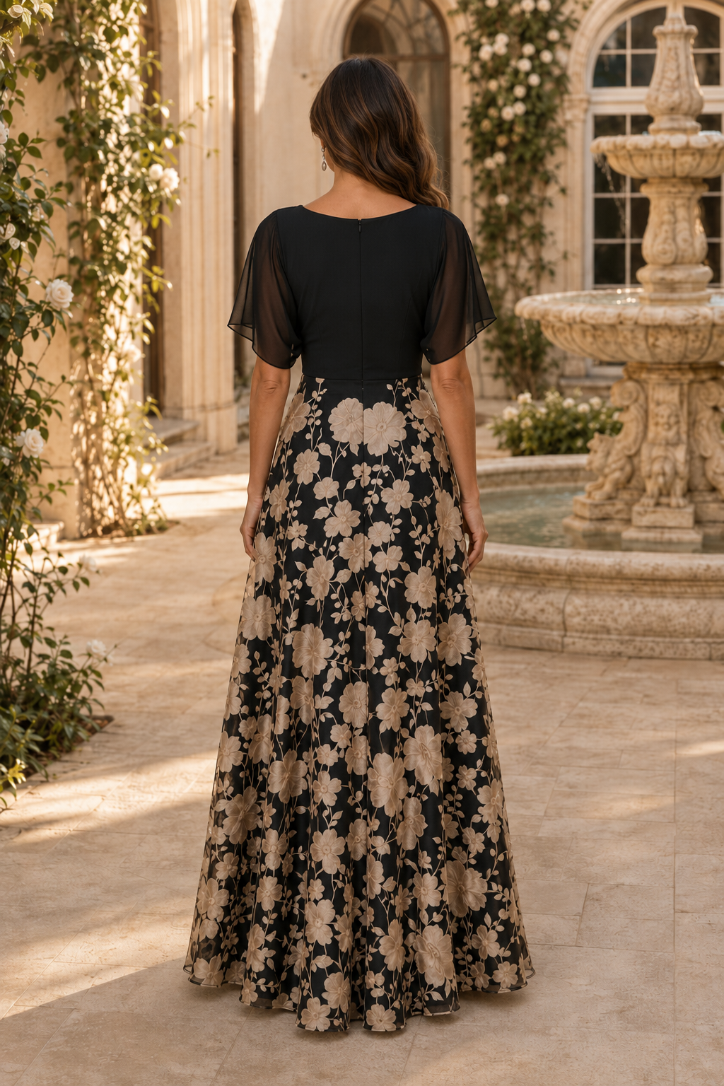 Vestido largo de corte A floral con cuello en V y manga con volantes