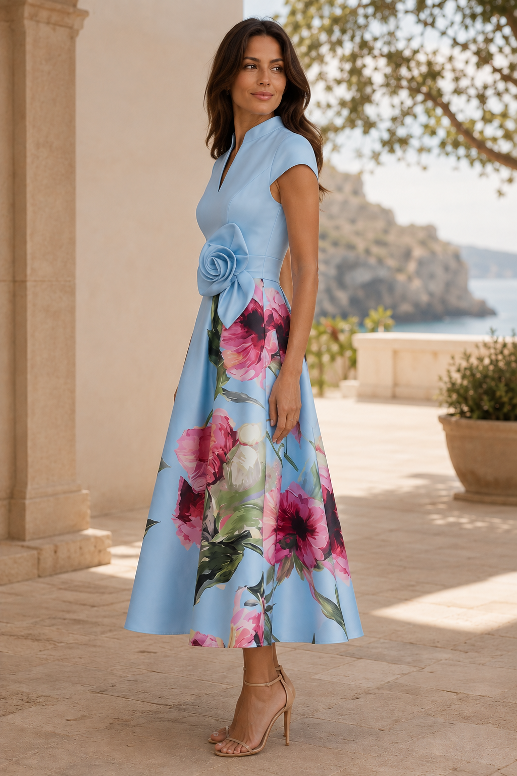 Vestido Midi Evasé Floral con Cintura de Roseta