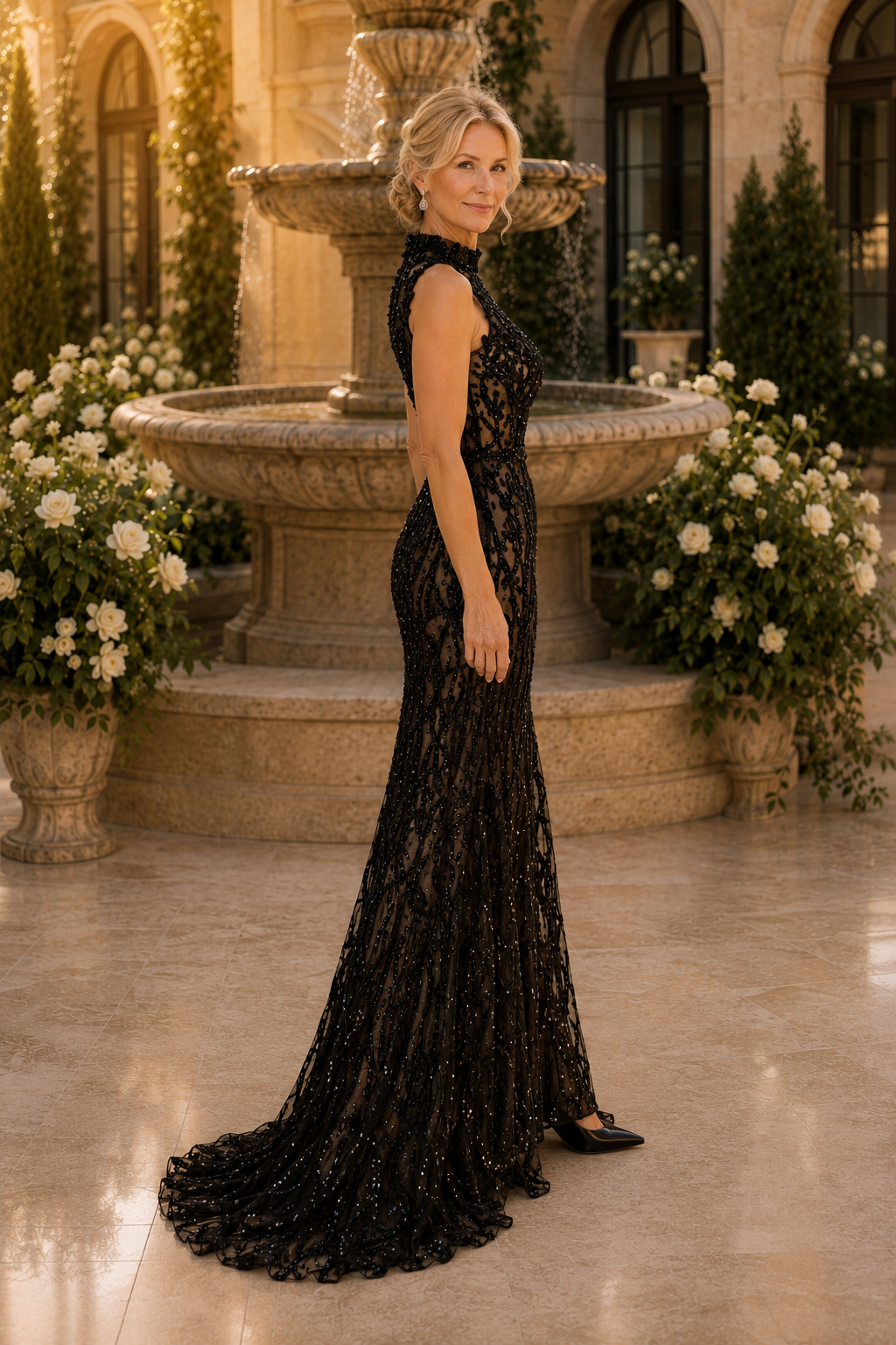 Vestido de noche sirena de encaje con lentejuelas y cuello alto