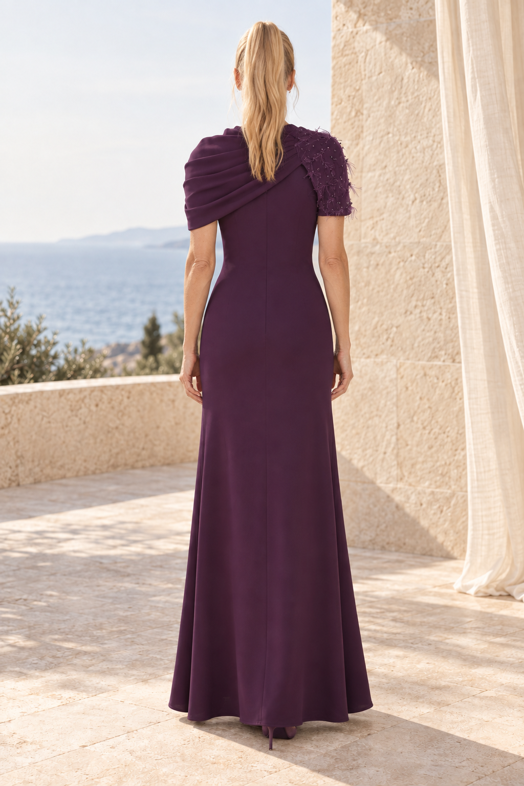 Asymmetrical Draped Cape Gown with Beading