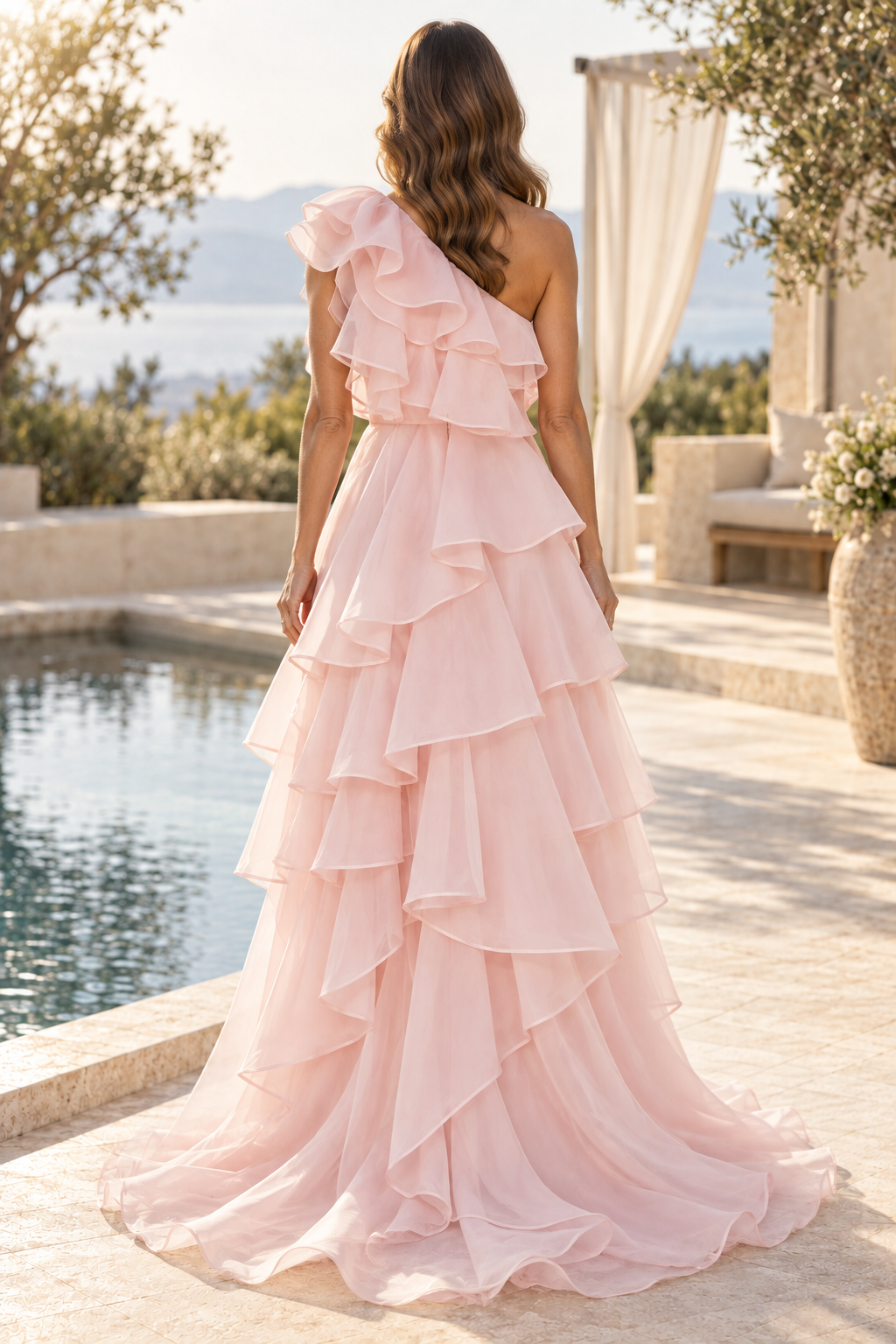 One-Shoulder Tiered Ruffle High-Low Evening Gown