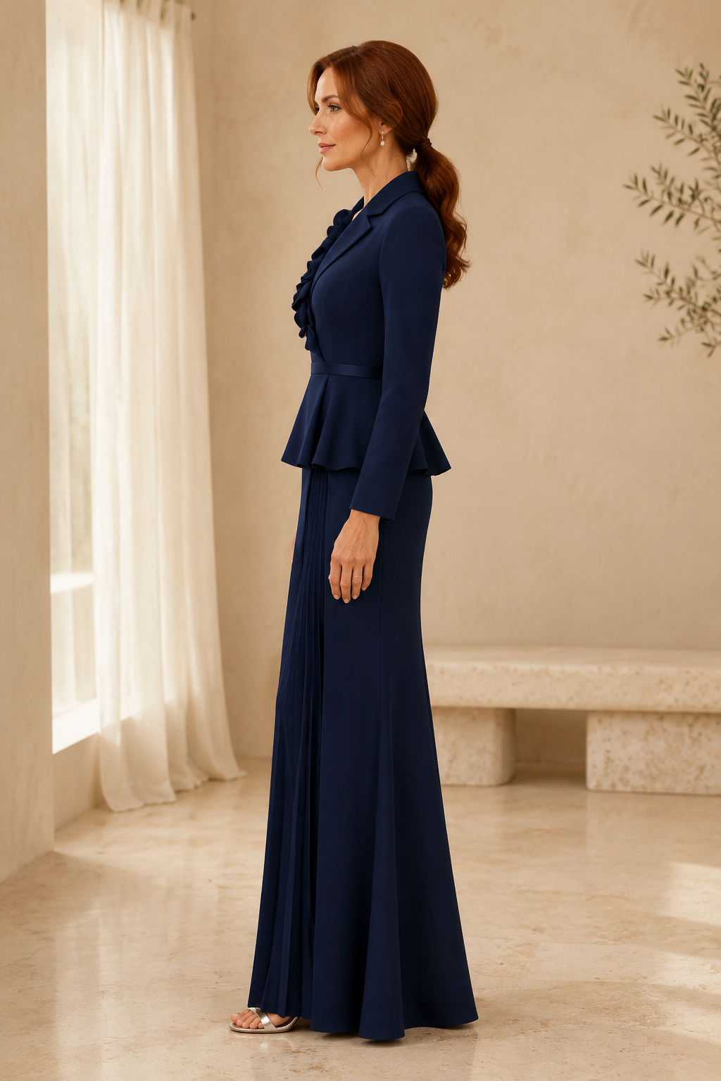 Vestido largo con chaqueta peplum de manga larga y cuello con ribete floral