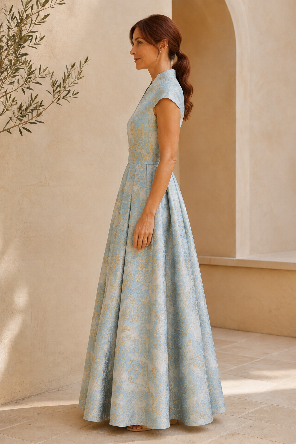 Vestido largo con cuello en V, jacquard floral y manga corta