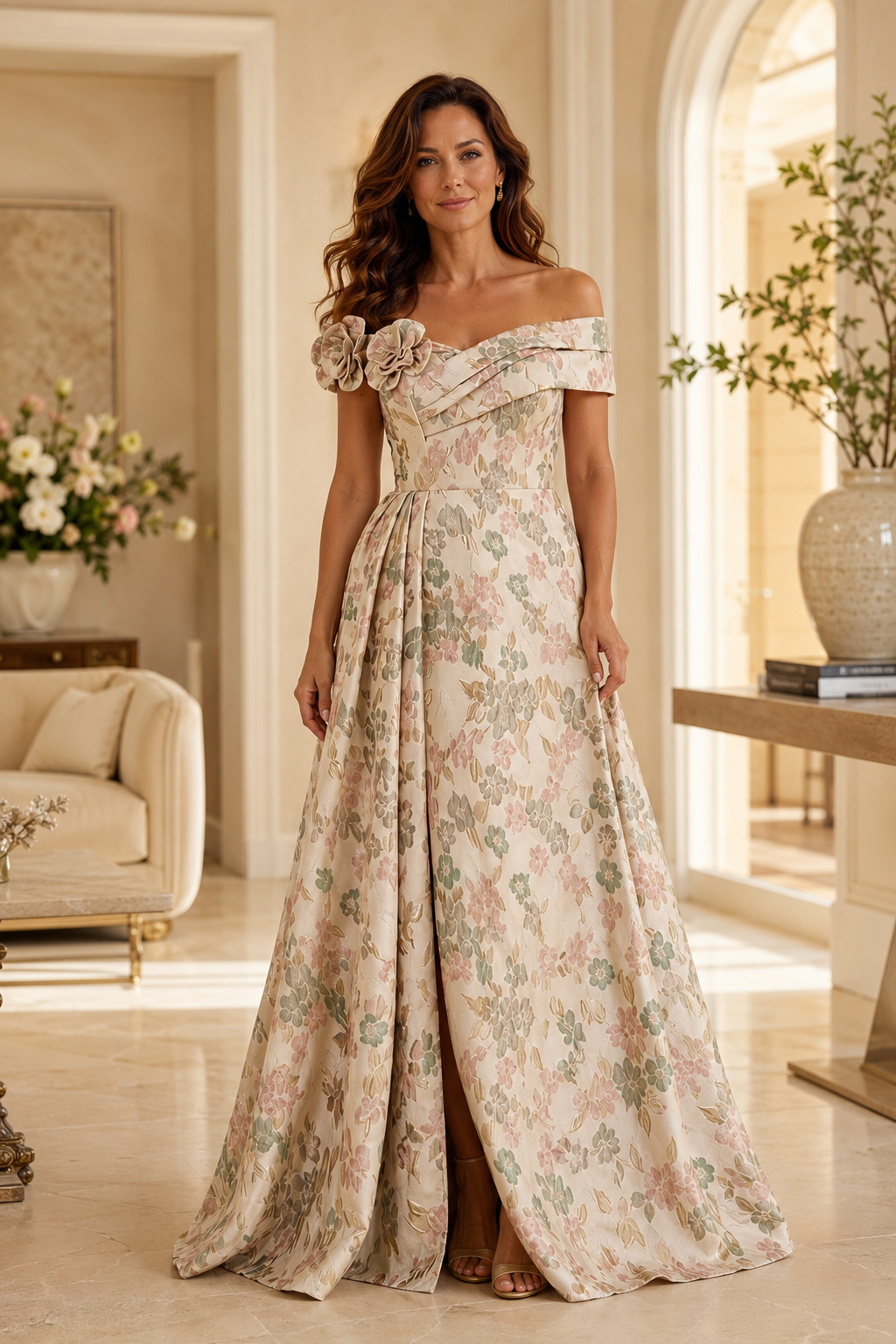 Vestido de noche de jacquard floral con escote Bardot y corte en A