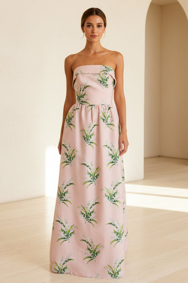 Maxivestido sin tirantes con estampado floral y bolsillos
