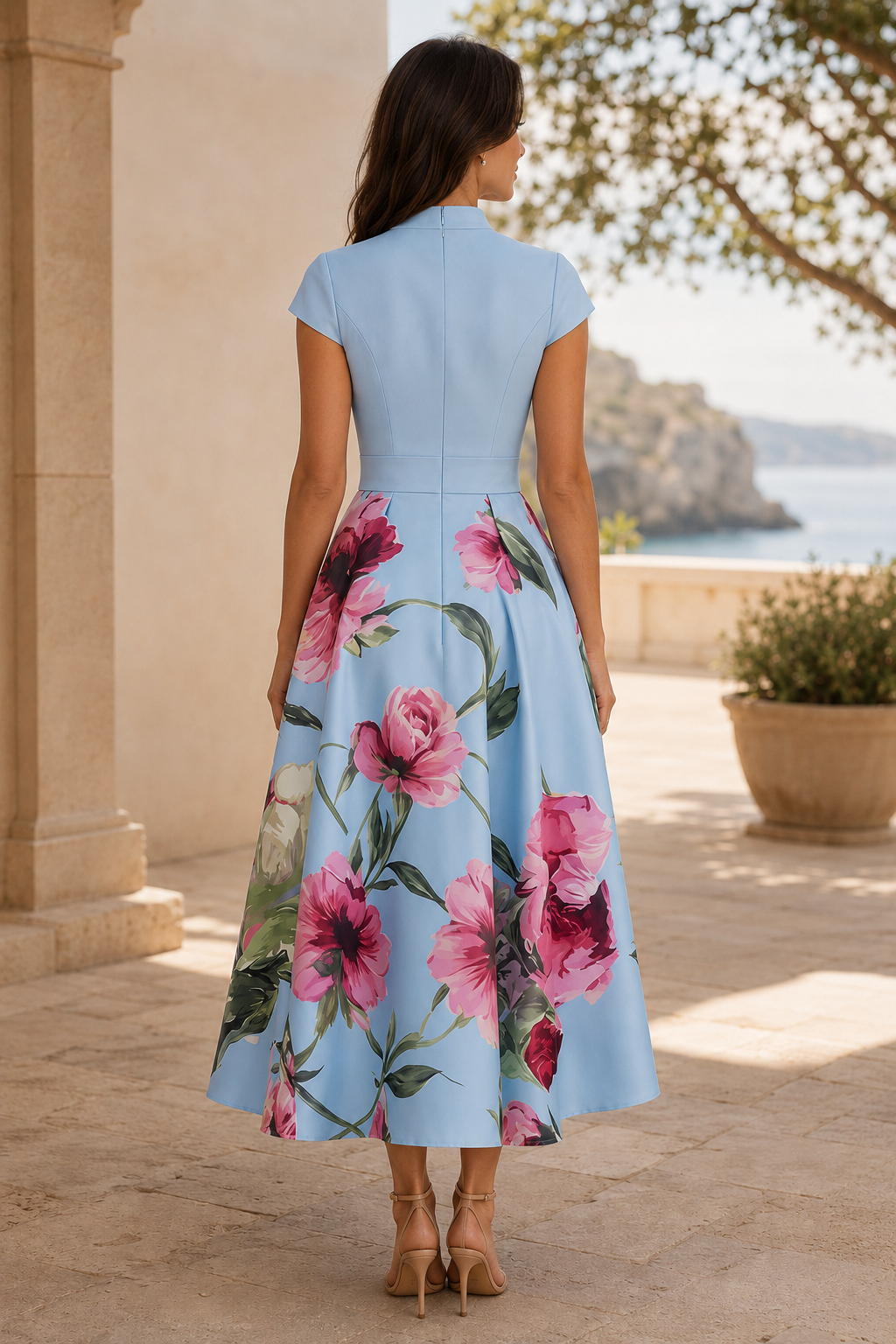 Vestido Midi Evasé Floral con Cintura de Roseta