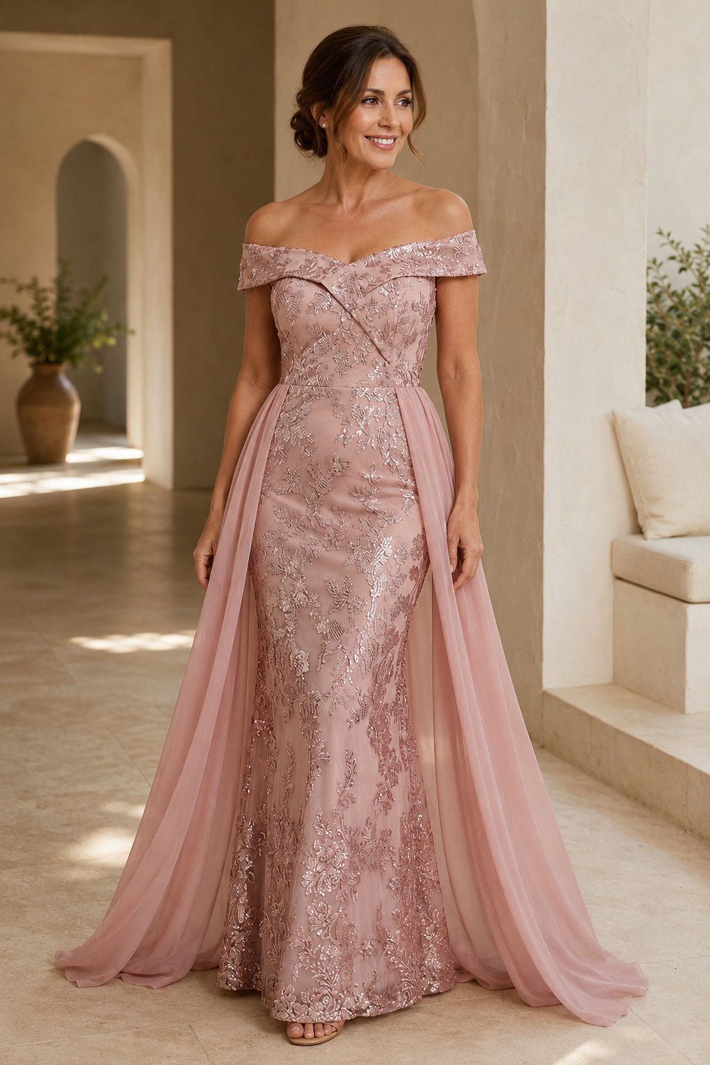 Vestido de gala de sirena de encaje con hombros descubiertos y sobrefalda