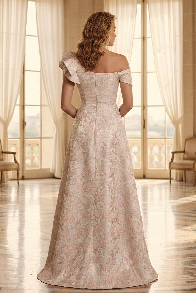 Vestido de Noche Asimétrico con Volantes de Jacquard y Corte Evasé