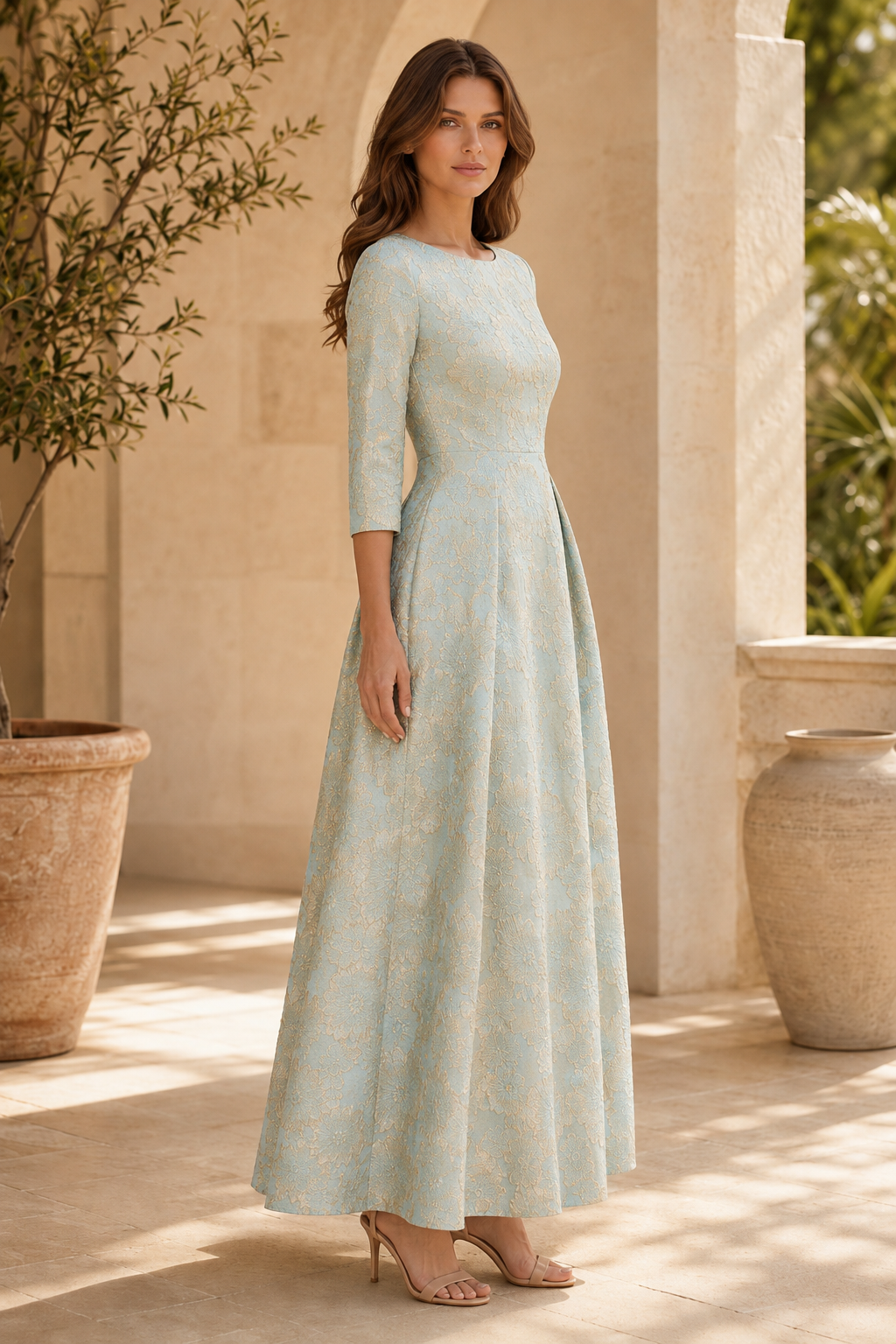 Vestido maxi línea A de brocado con cuello barco y manga 3/4
