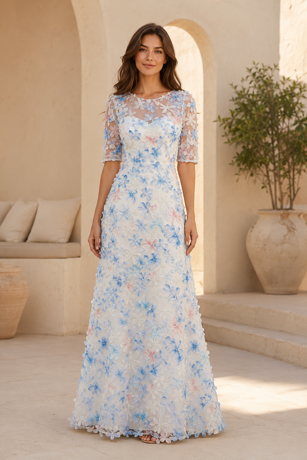Vestido largo de fiesta de línea A con apliques florales 3D e ilusión