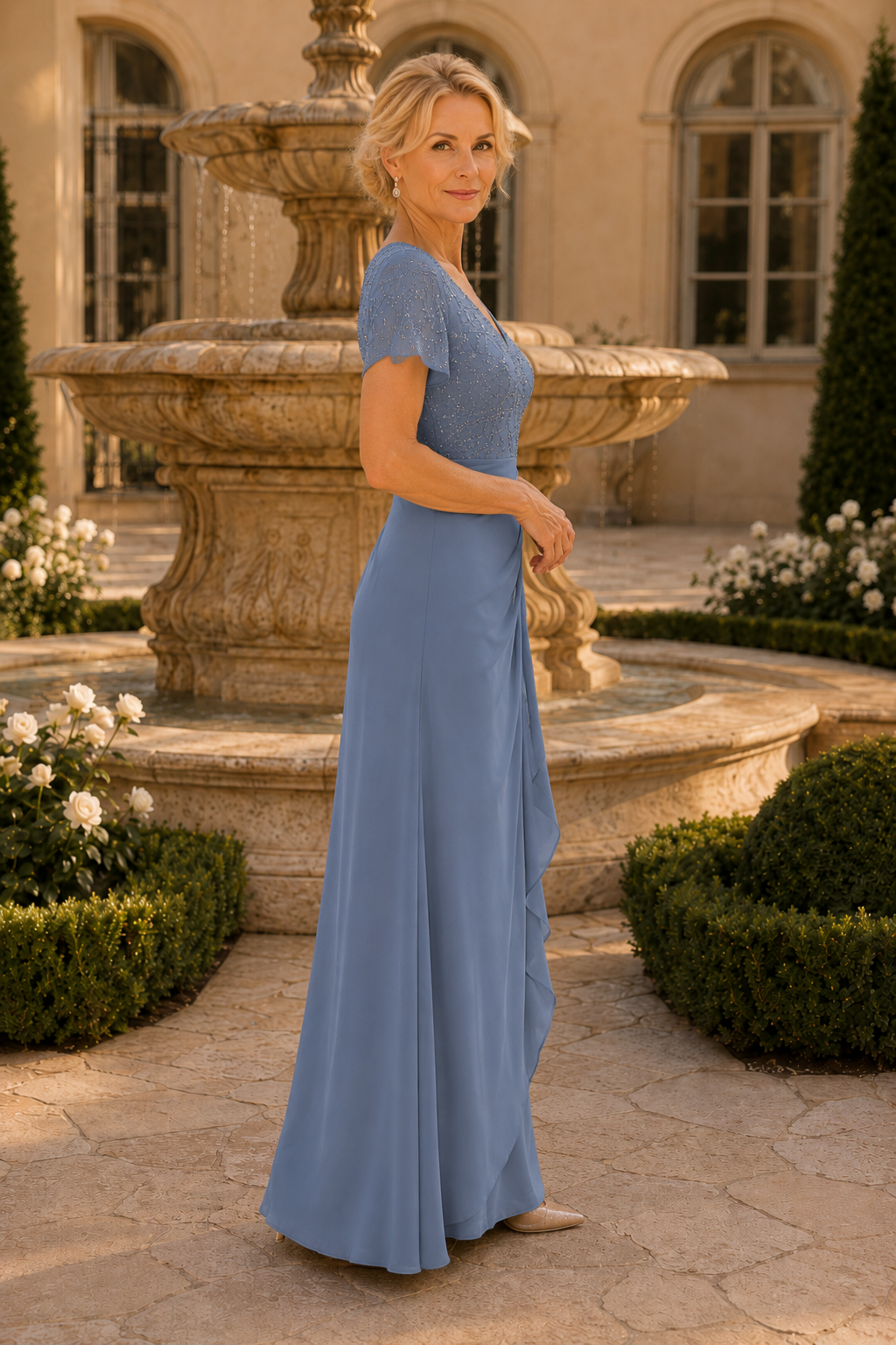 Vestido largo con corpiño de pedrería y falda drapeada