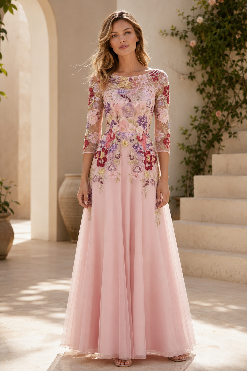 Vestido de Noche Acampanado de Tul con Bordado Floral y Manga 3/4