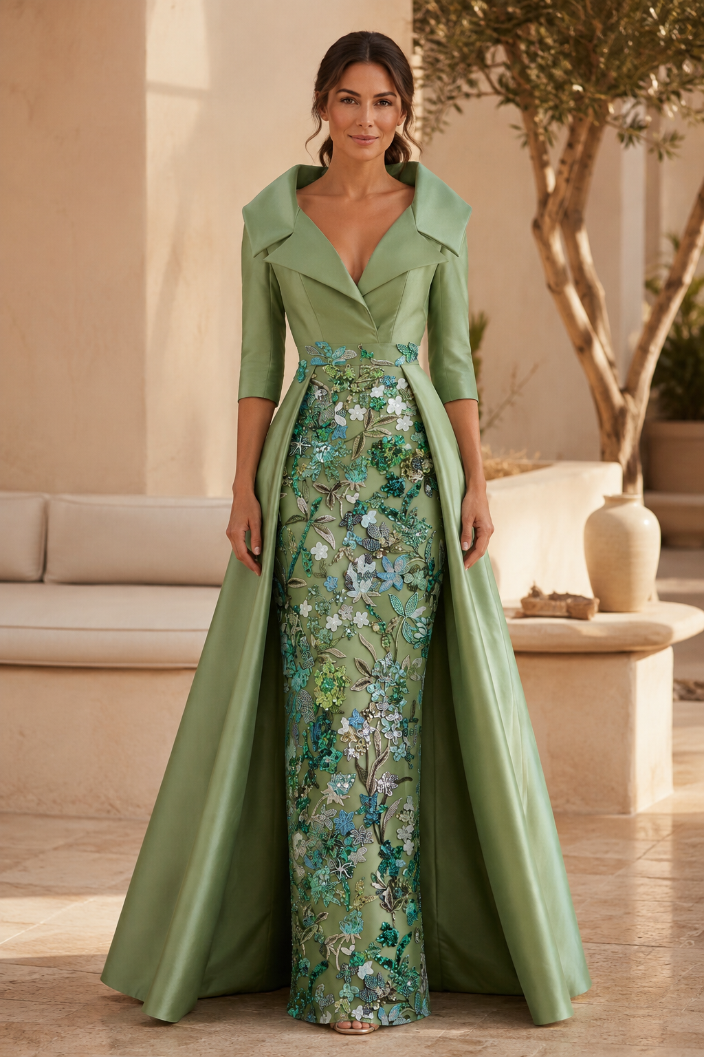 Vestido tubo de lentejuelas florales con sobrefalda de raso tipo cola