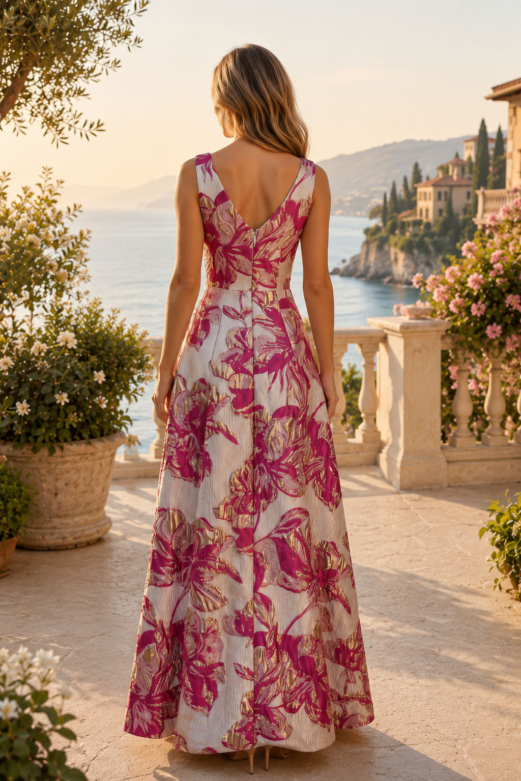 Vestido de noche acampanado con volantes en cascada de tejido floral metálico