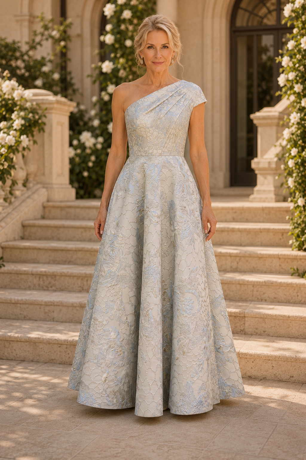 Vestido de noche acampanado de jacquard floral con un solo hombro