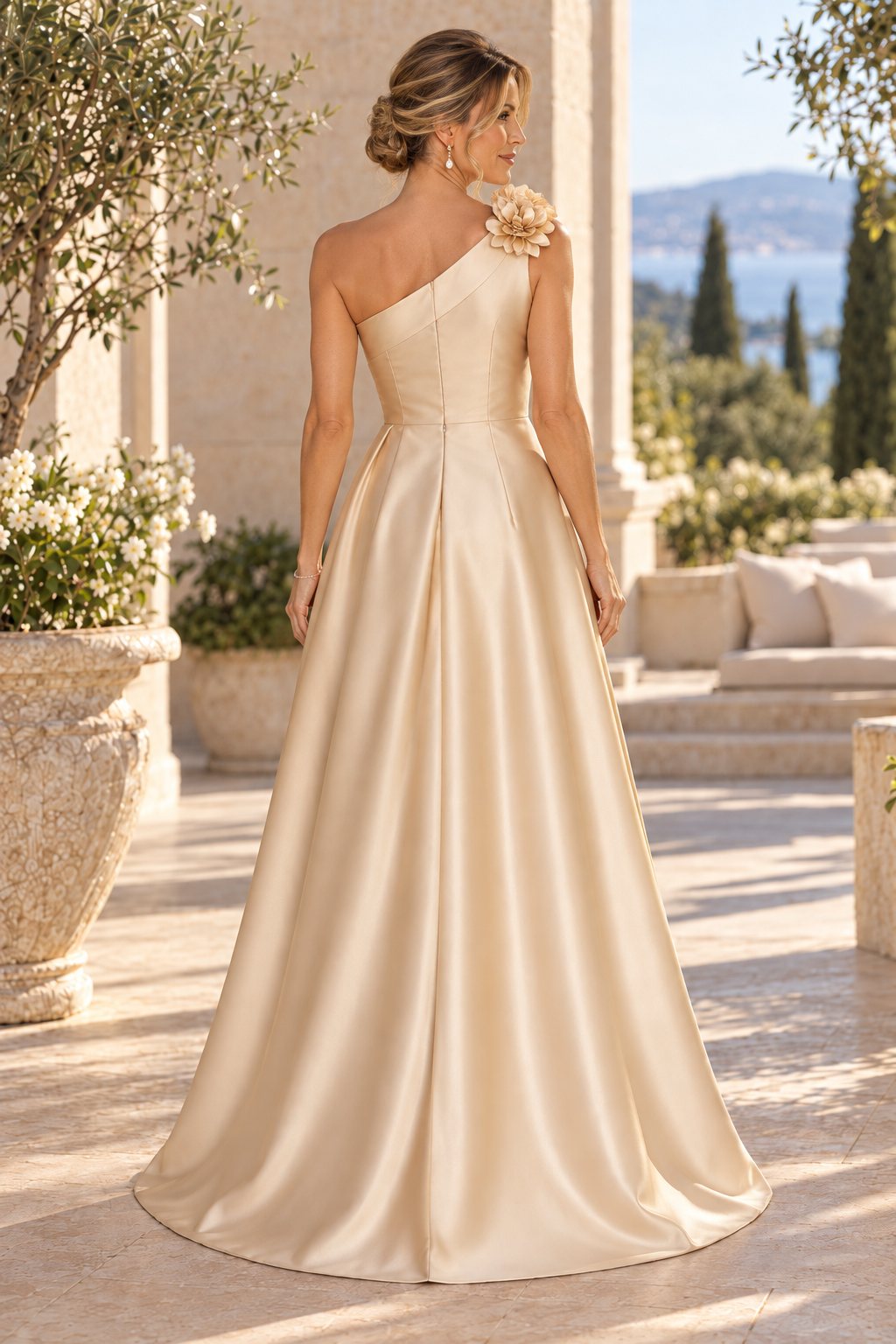 One-Shoulder Floral Slit Satin A-Line Gown