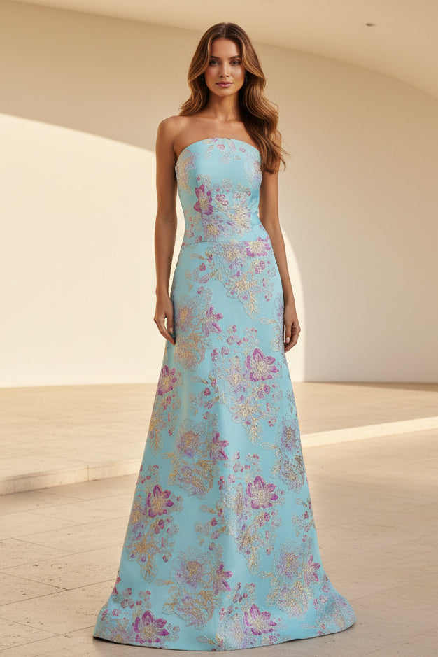 Vestido largo de jacquard floral sin tirantes con corte en A