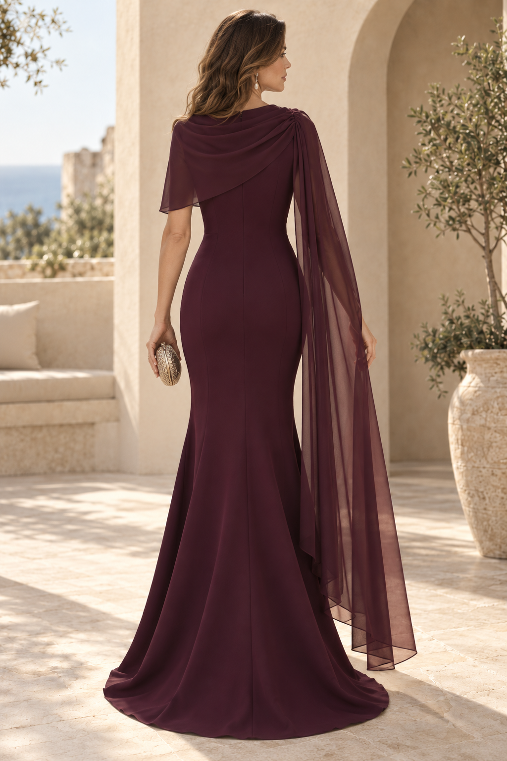 Mermaid Evening Gown with Chiffon Cape Sleeve