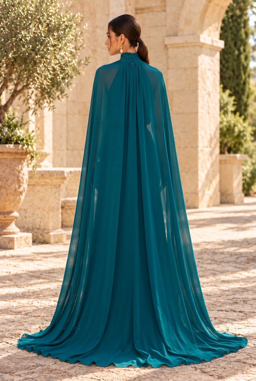 High Neck Cape Evening Gown with Ruched Bodice