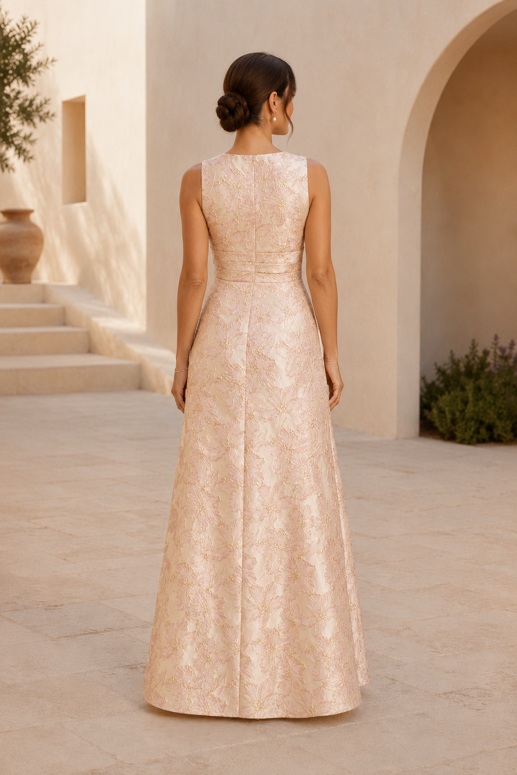 Vestido de noche acampanado con escote en V y jacquard floral