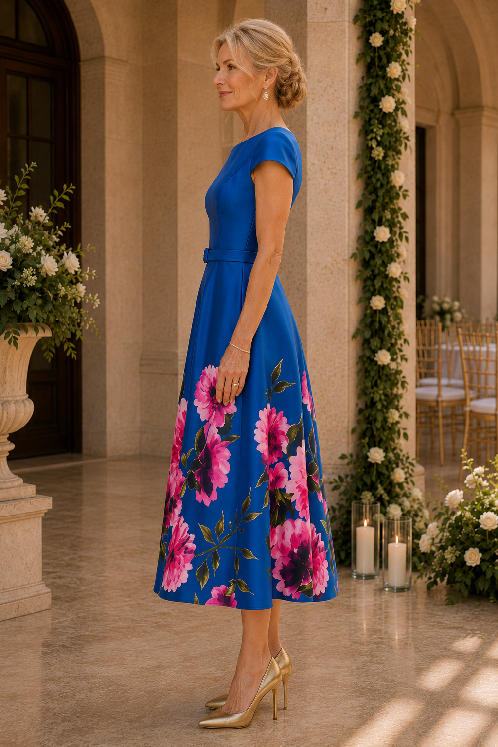 Vestido de vuelo con estampado floral, cinturón y corte midi