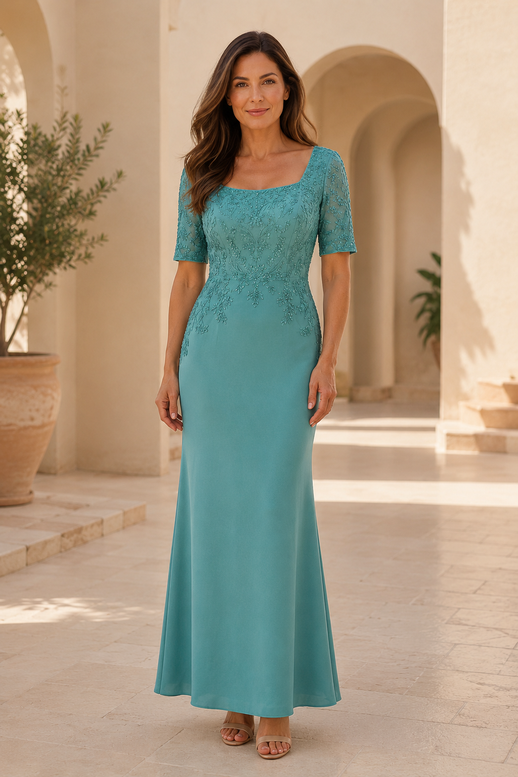 Vestido de noche con encaje y cuello cuadrado