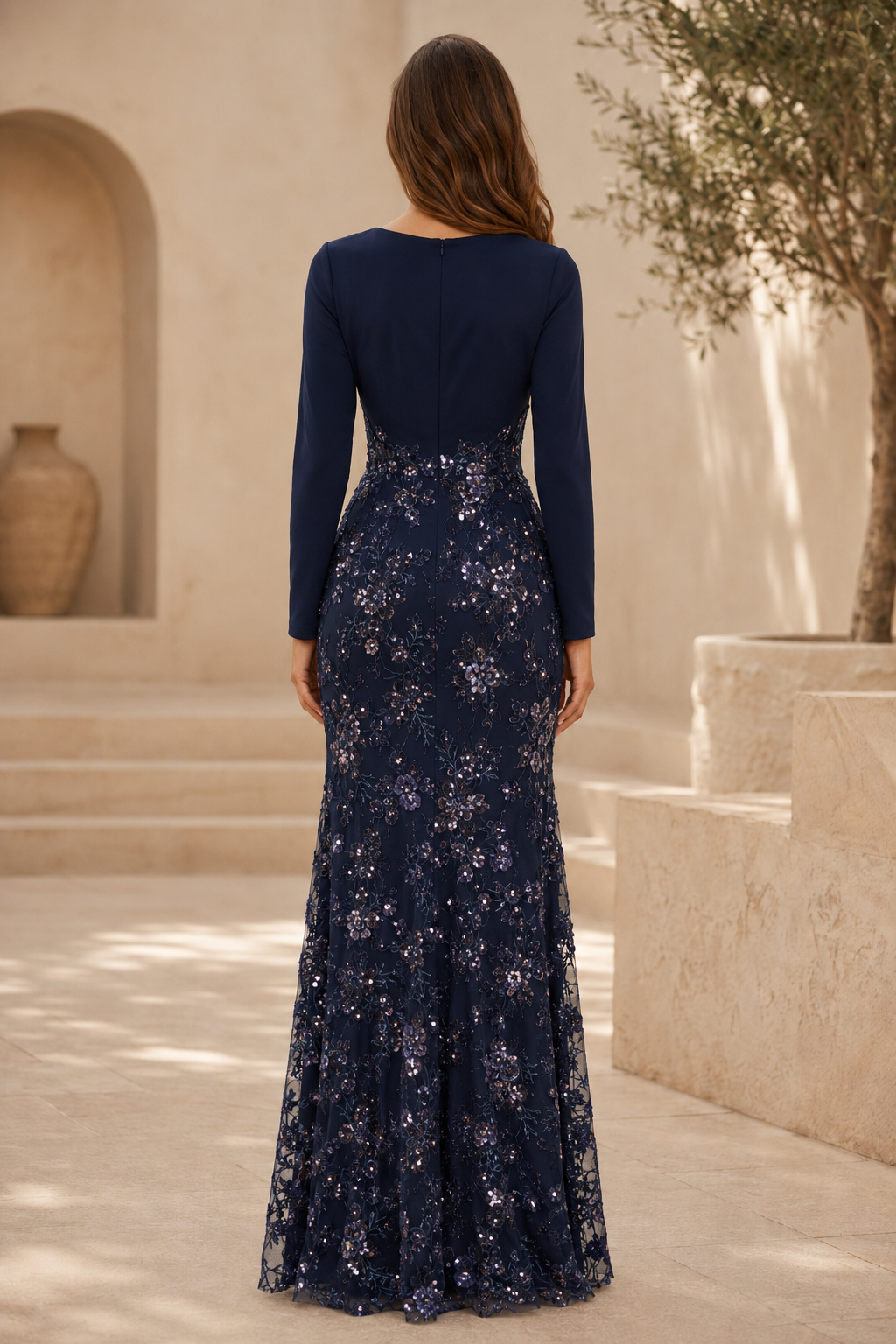 Vestido de Noche Largo Estilo Sirena con Lentejuelas Florales y Manga Larga
