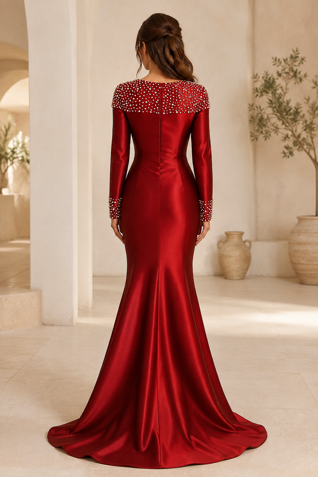 Vestido de noche tipo sirena de satén de manga larga con perlas
