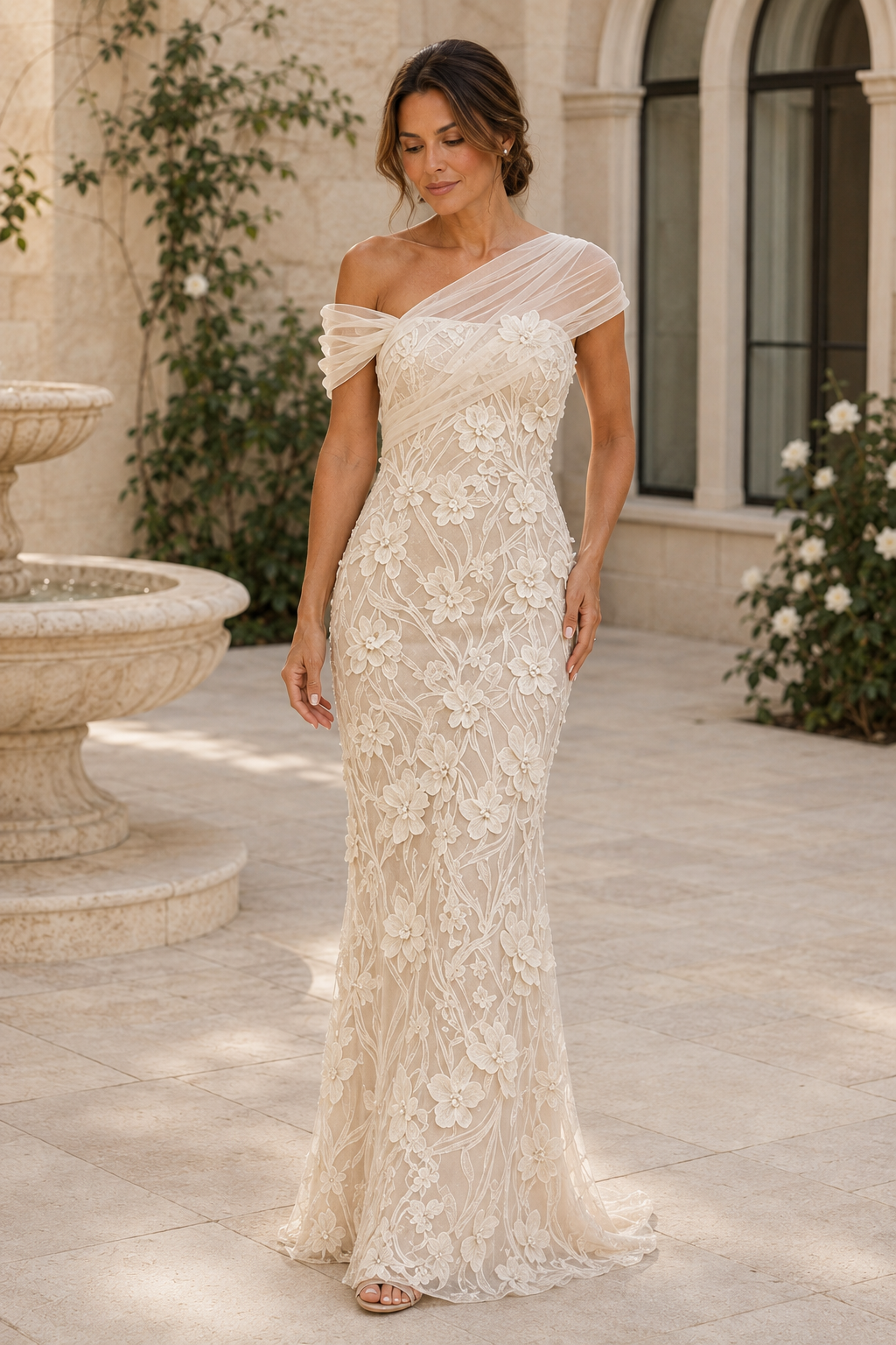 Vestido de noche estilo sirena con encaje floral 3D y un solo hombro