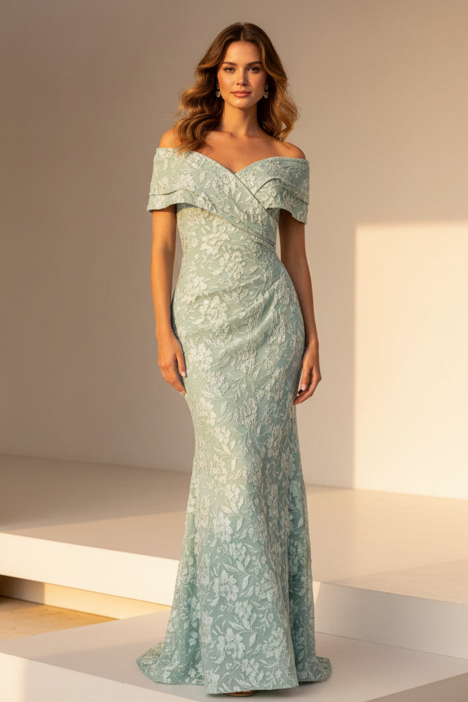 Vestido de sirena de jacquard floral con hombros descubiertos