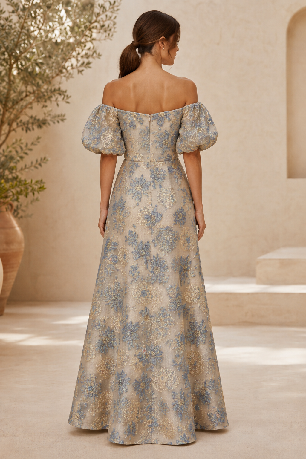 Vestido jacquard de corte A con hombros descubiertos y mangas abullonadas