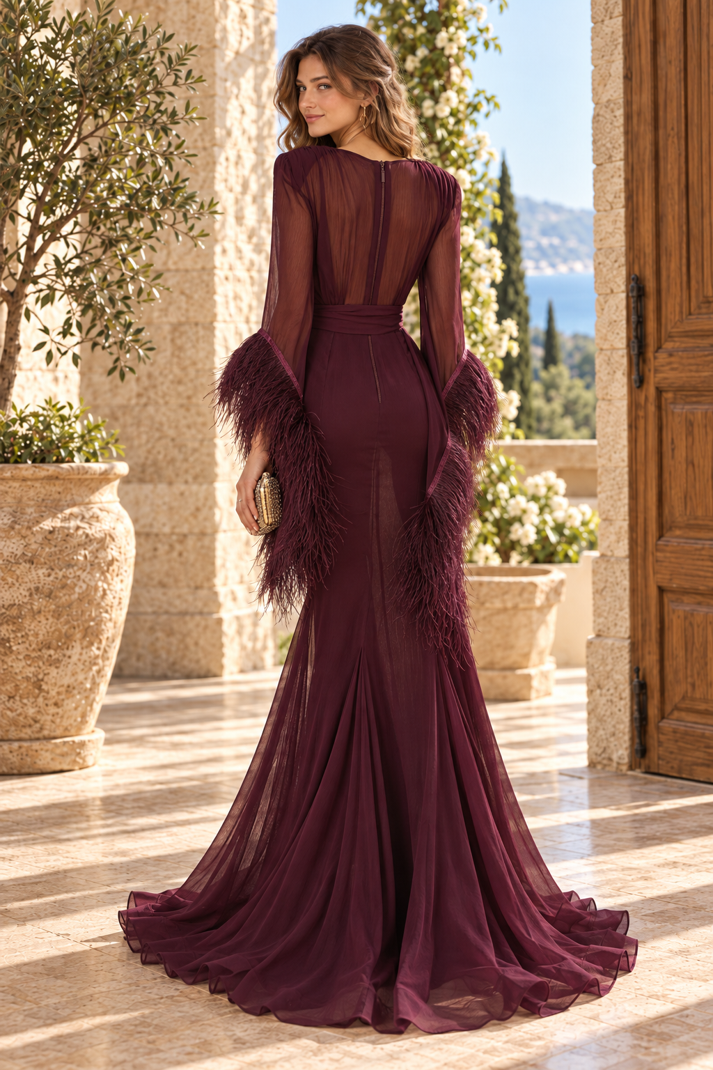 Feather-Cuff V-Neck Evening Gown with Sash