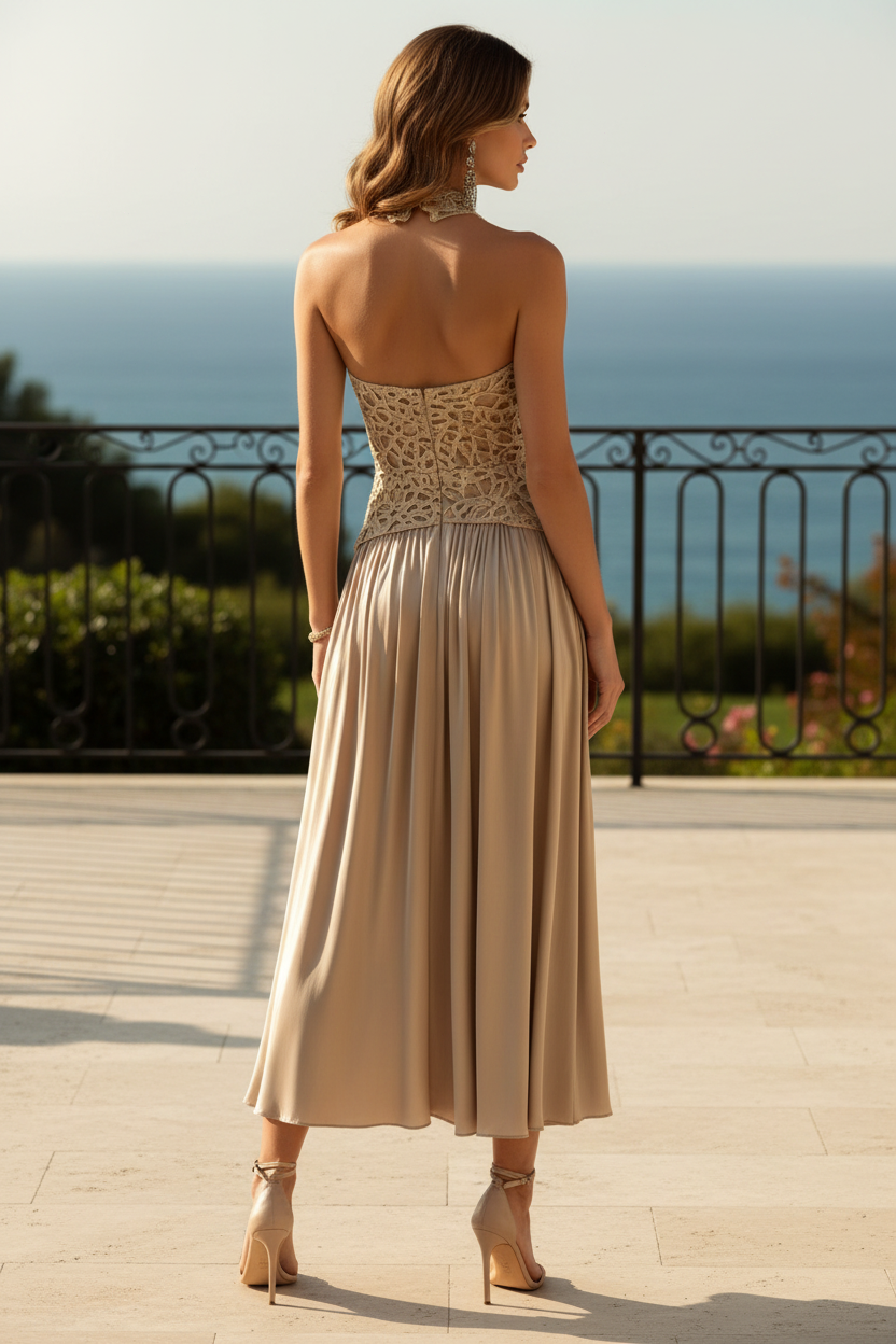 Elegante vestido midi con cuello halter de encaje y falda plisada de satén