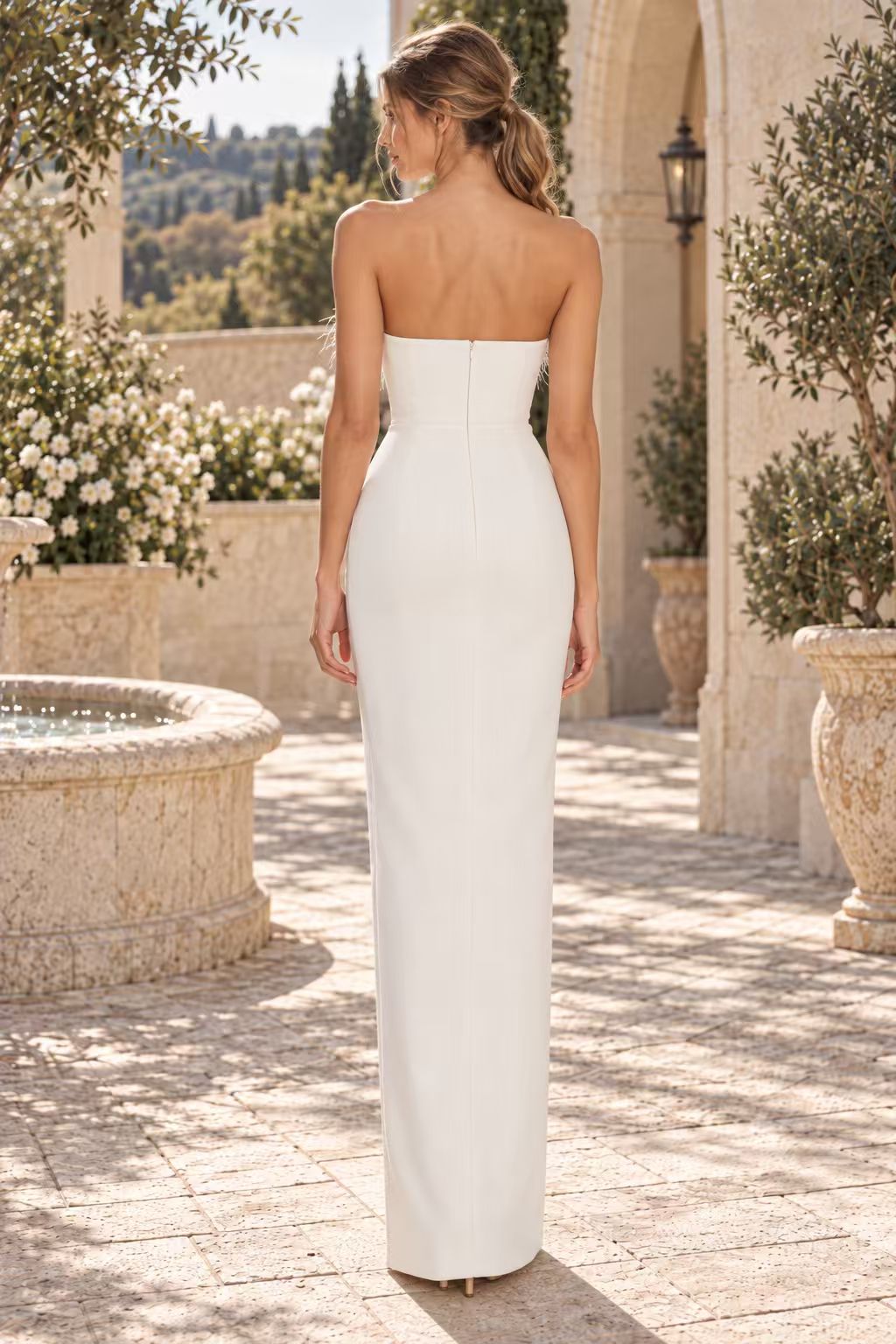 Strapless Feather Trim Column Gown