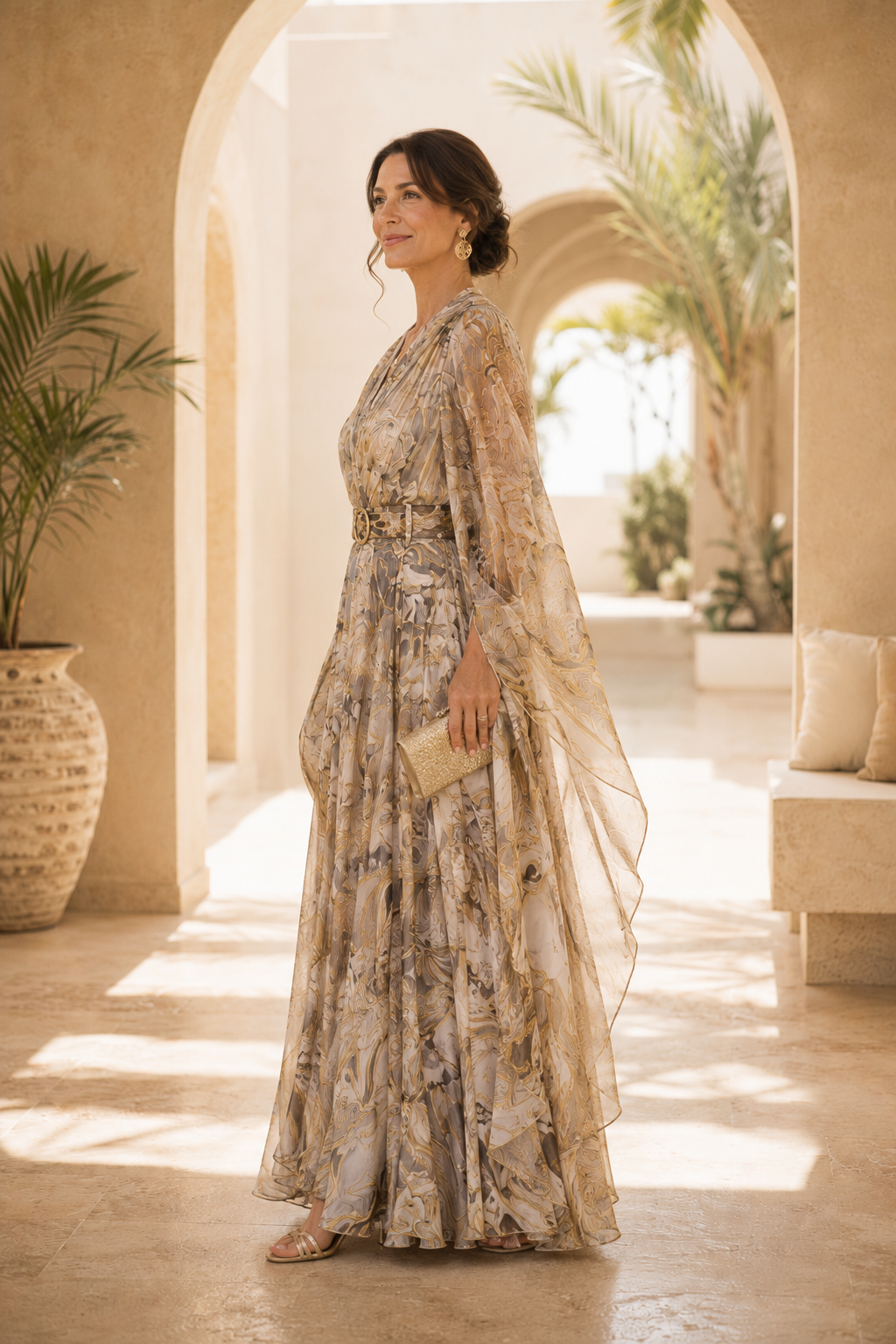 Maxivestido estampado con mangas de capa y cinturón