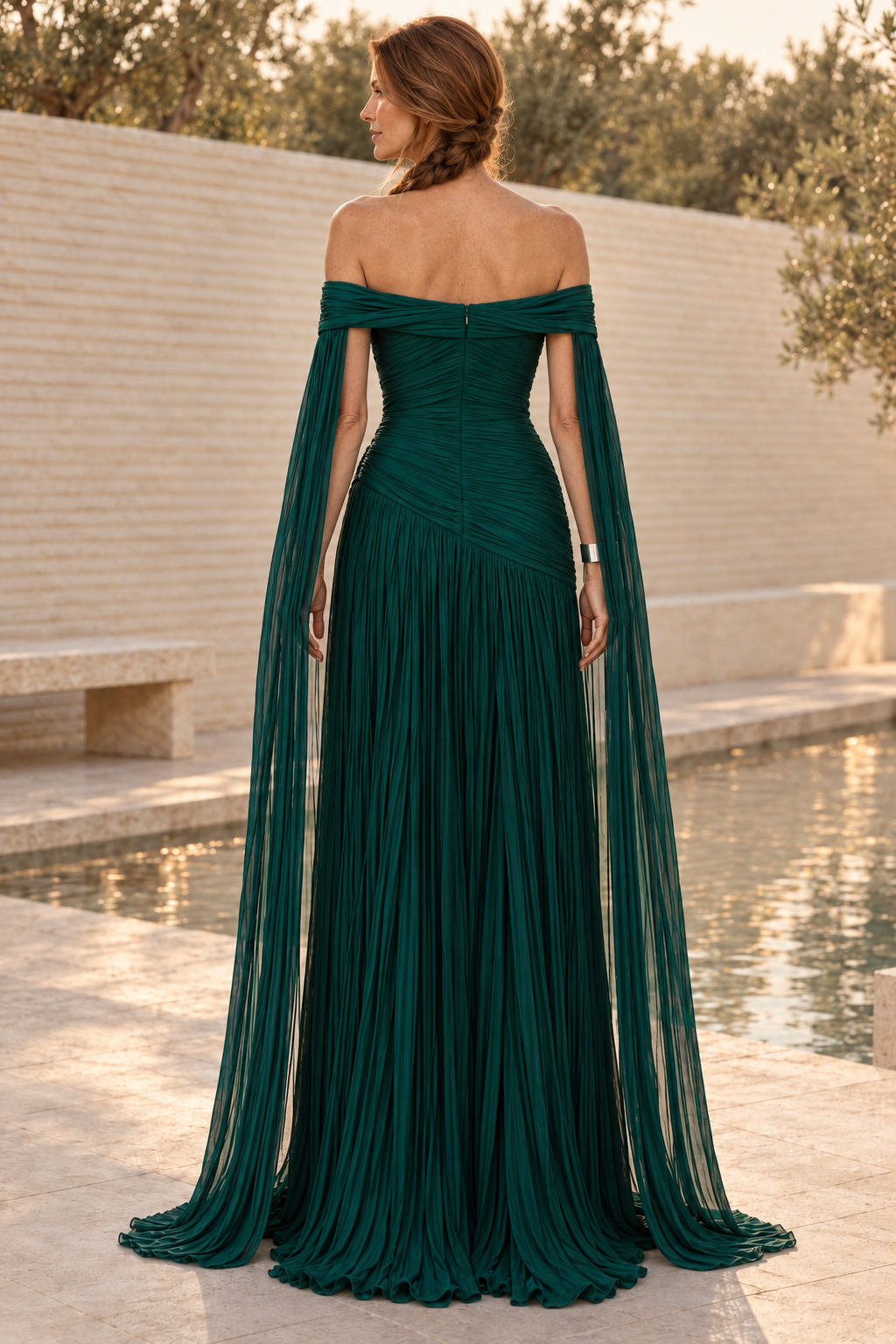 Off-the-Shoulder Pleated Gown with Cape Sleeves