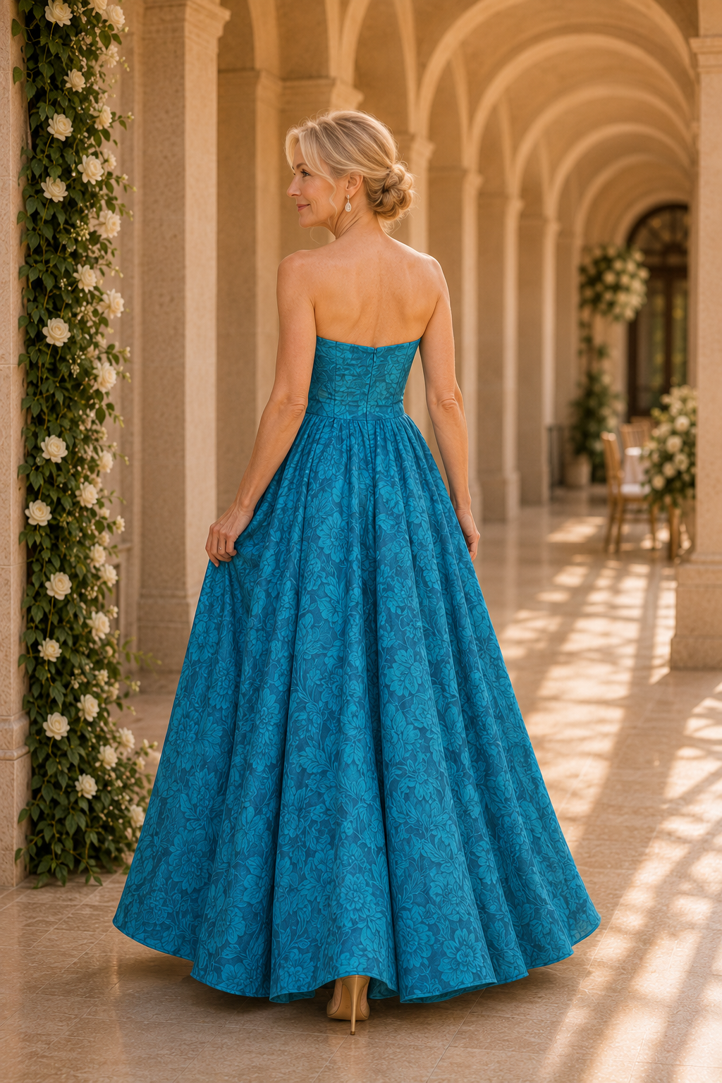 Vestido de gala floral de jacquard sin tirantes