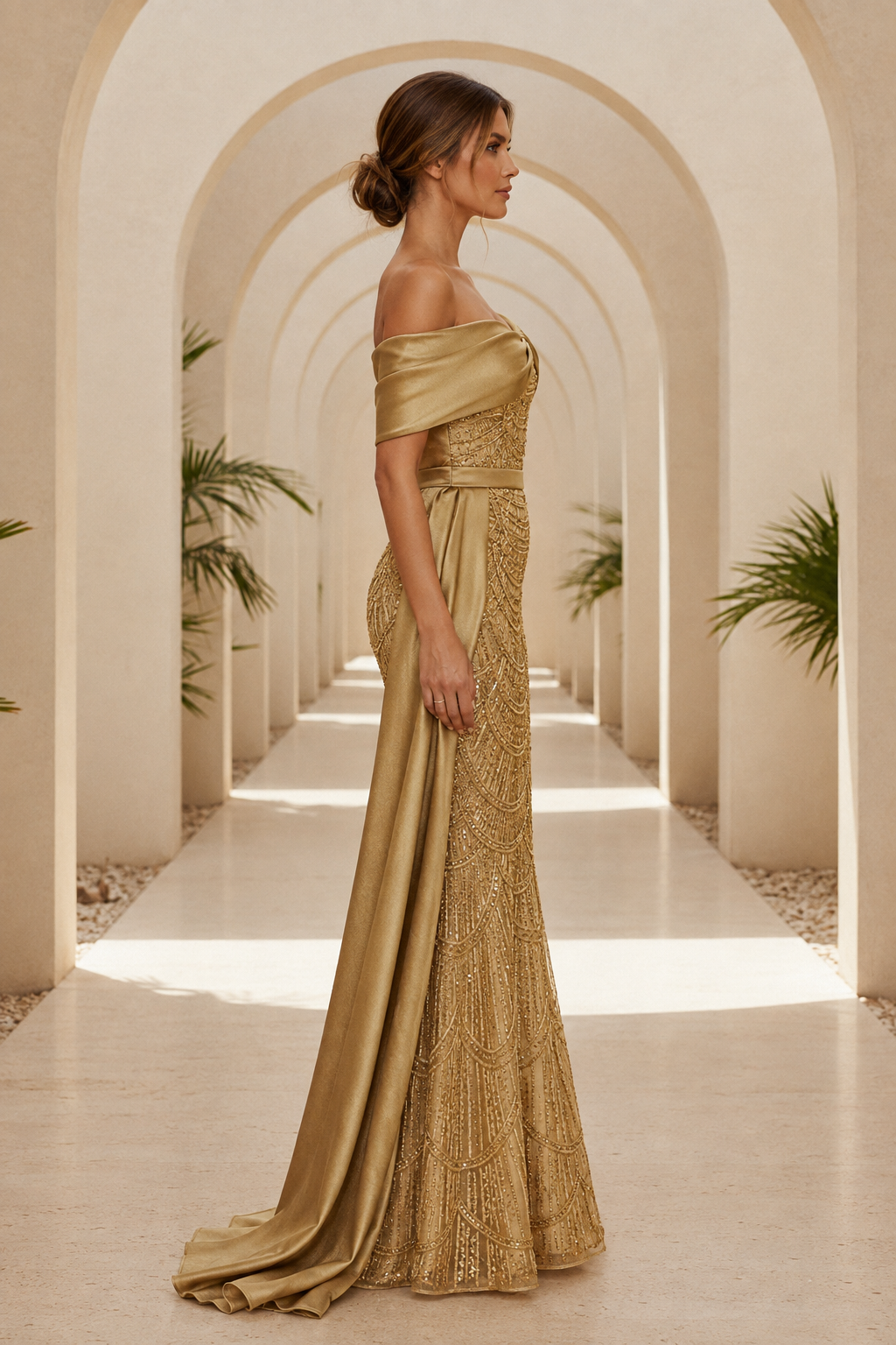 Vestido largo con escote asimétrico de cuentas y drapeado lateral