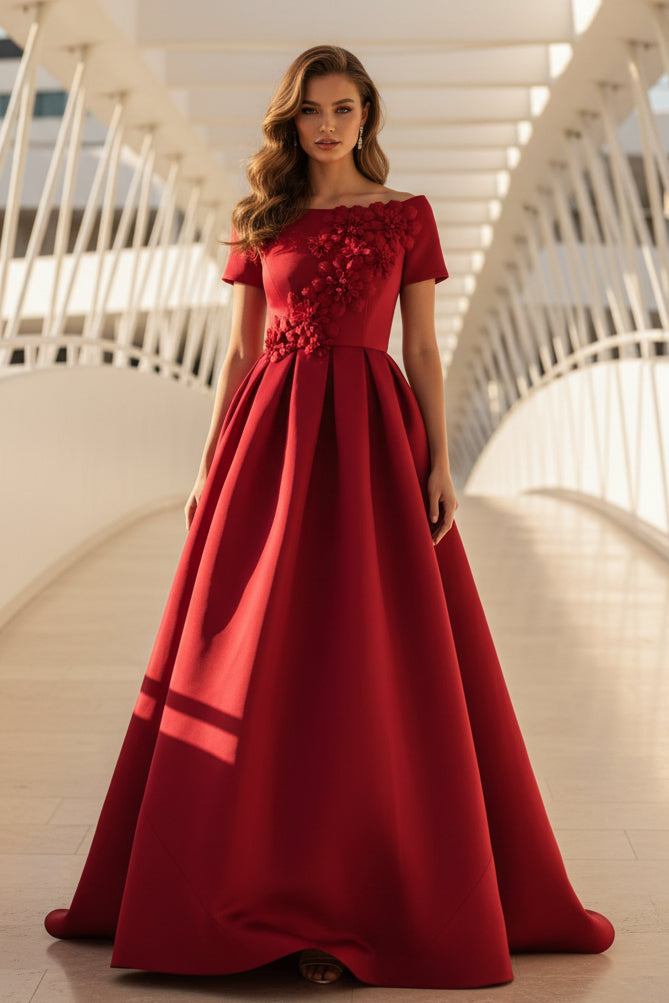 Vestido de Noche en Línea A con Hombros Descubiertos y Flores 3D