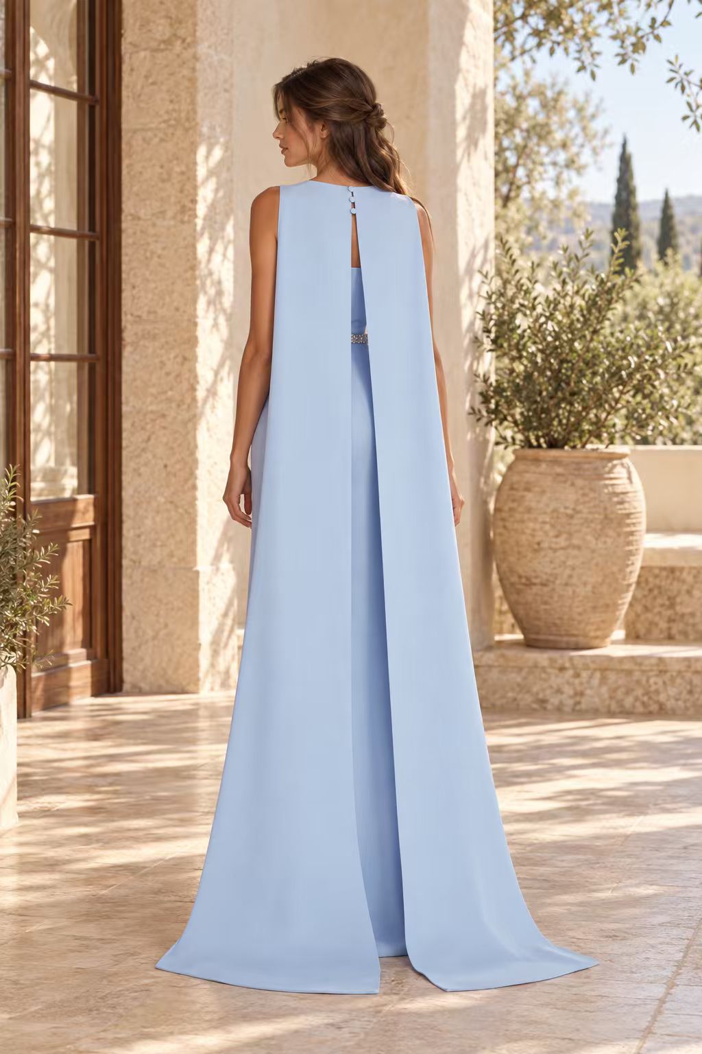 Cape Back Embellished Column Evening Gown