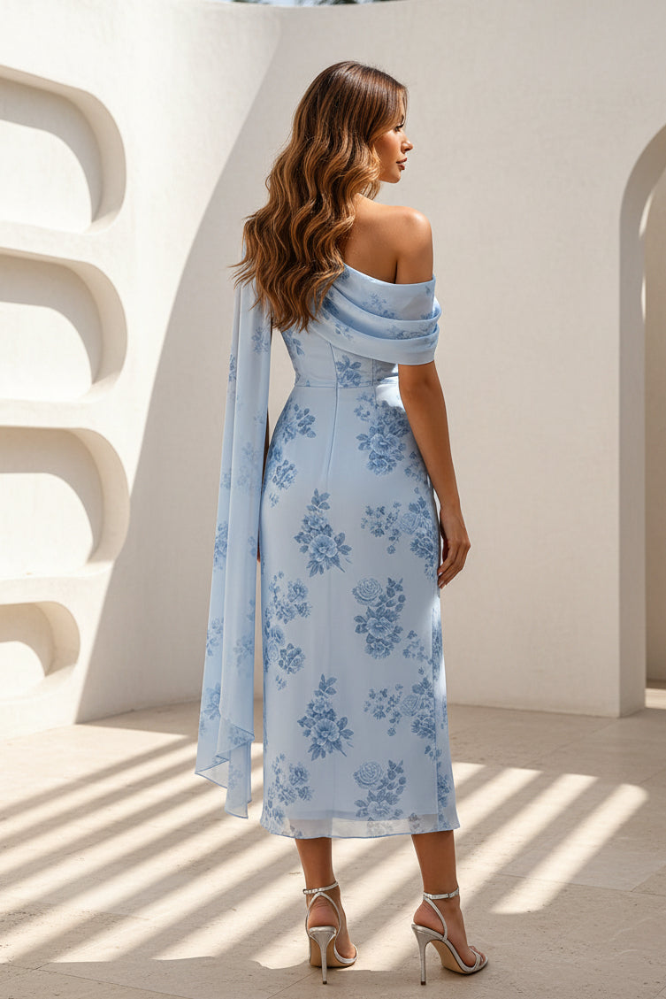 Vestido midi floral drapeado de un solo hombro