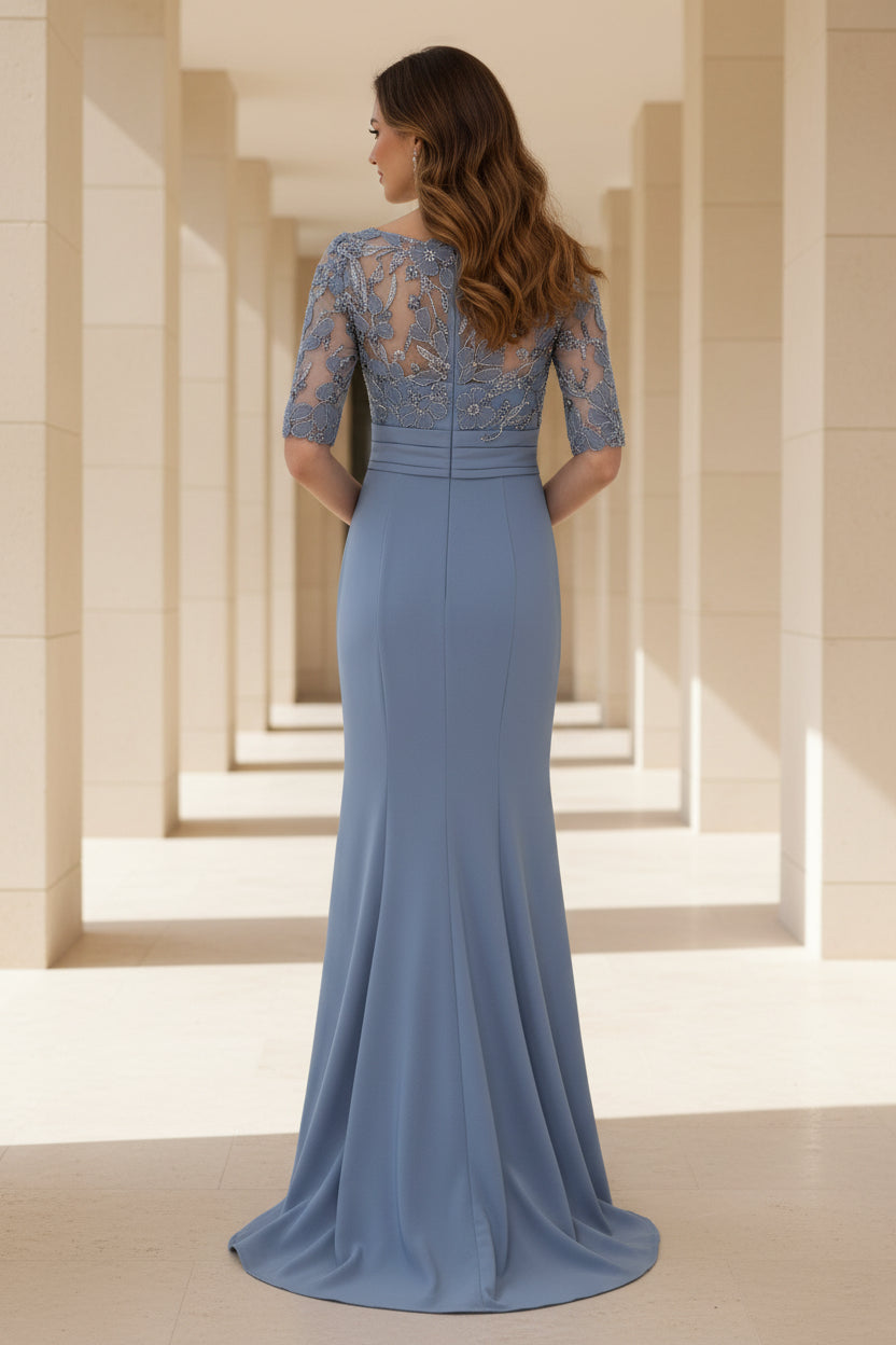 Vestido de Noche con Cuello en V, Encaje, Media Manga y Abertura con Volantes