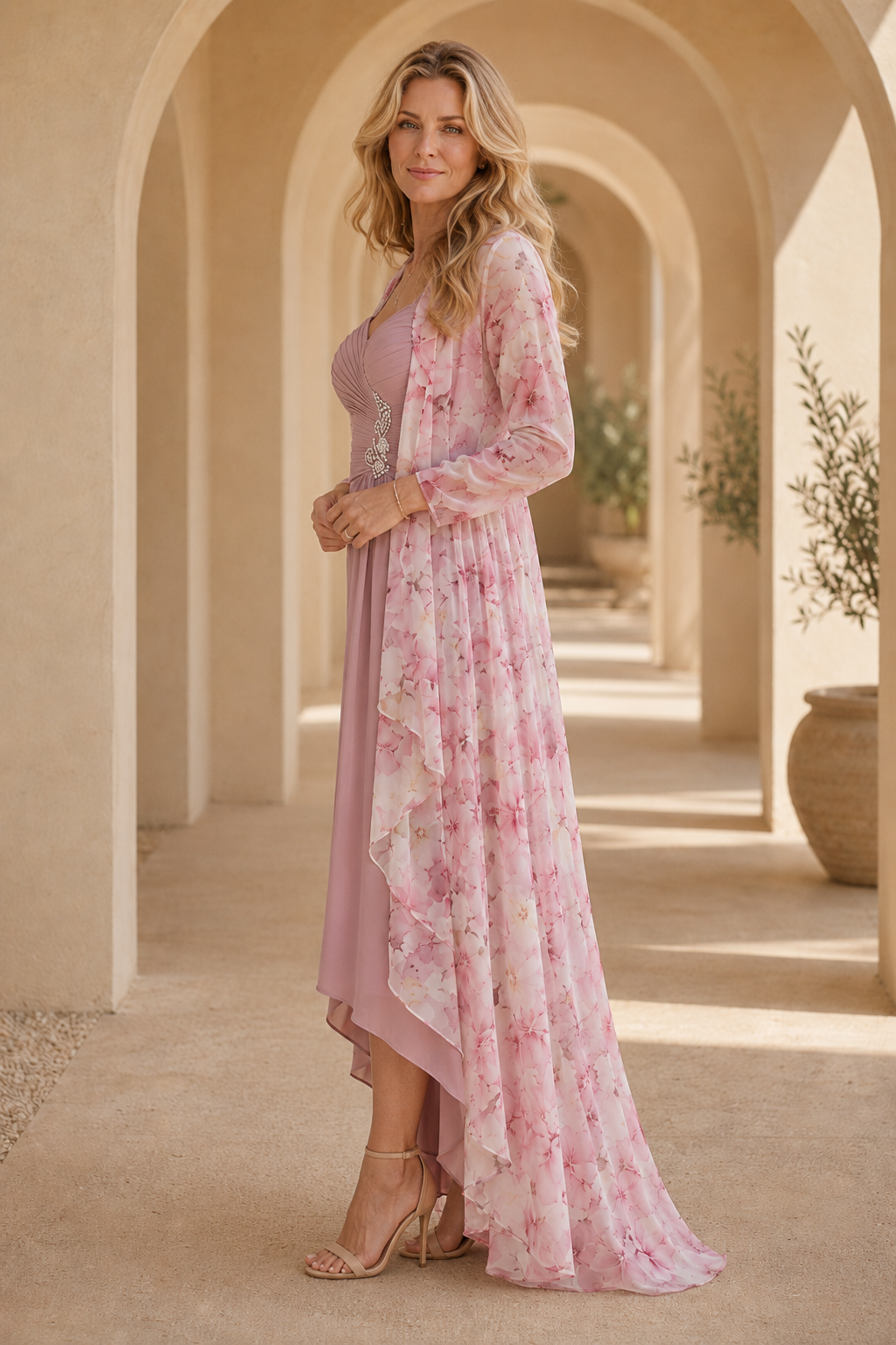 Vestido asimétrico con chaqueta guardapolvo floral