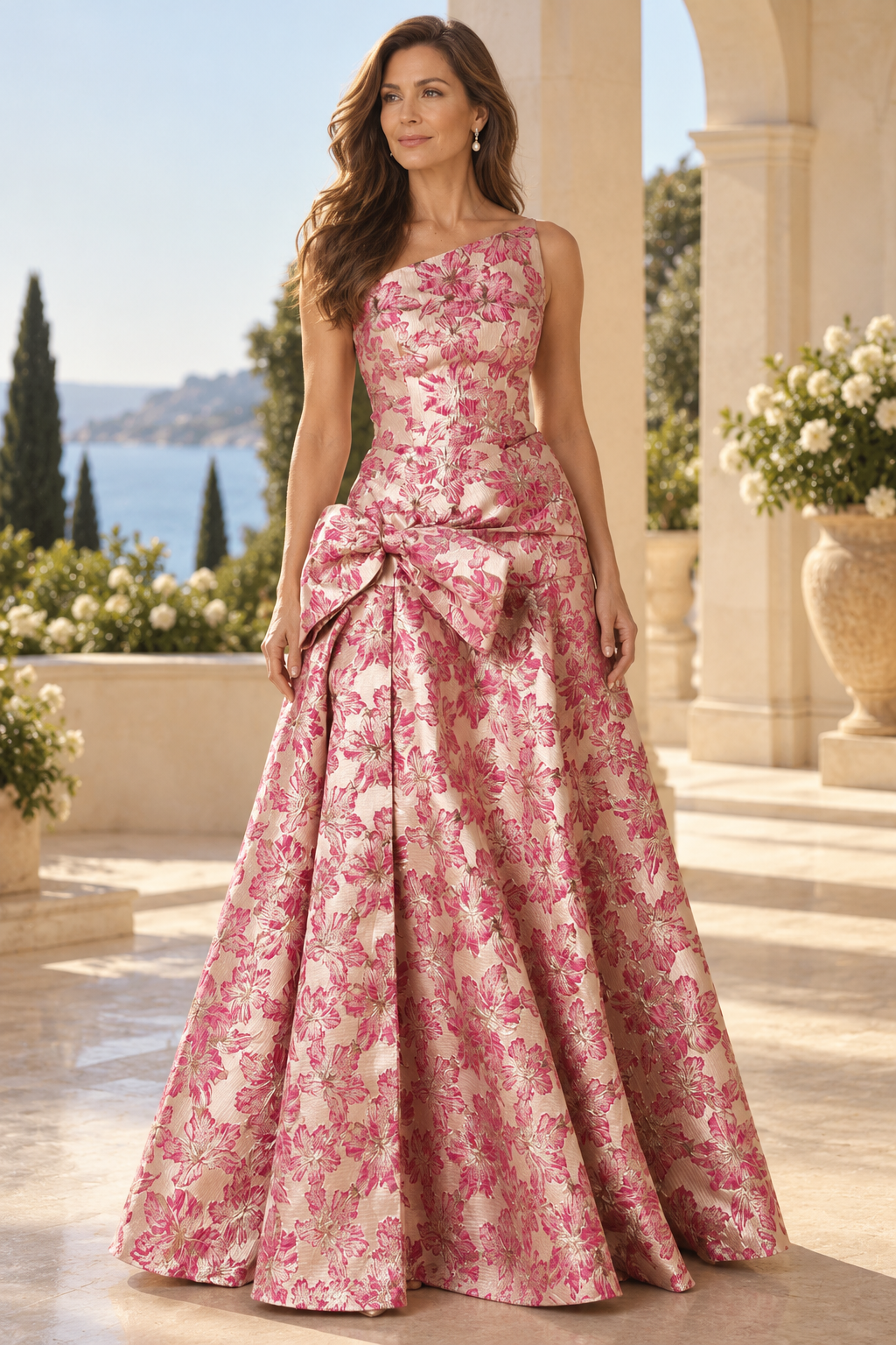 One-Shoulder Floral Jacquard Ball Gown